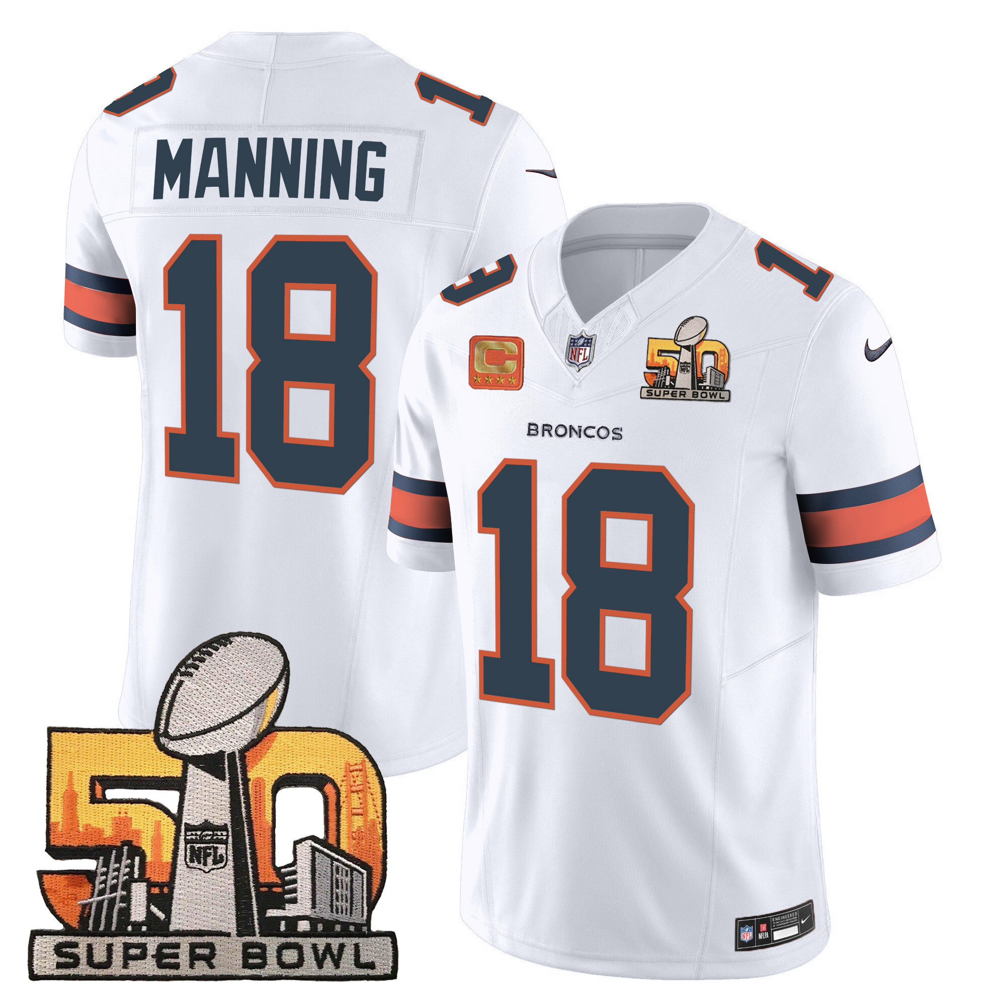 Men's Peyton Manning Denver Broncos Super Bowl 50 Patch Vapor White Jersey - All Stitched