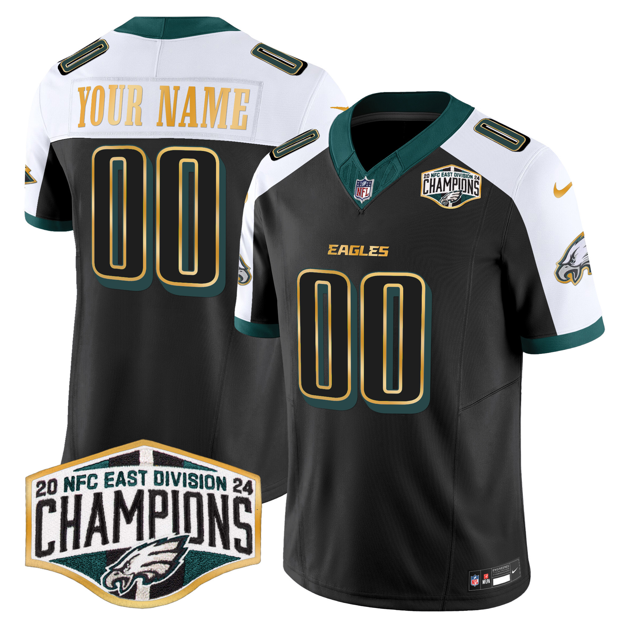 Men's Philadelphia Eagles 2024 NFC East Division Champions Gold Trim Vapor Limited Custom Black Alternate Jersey - All Stitched