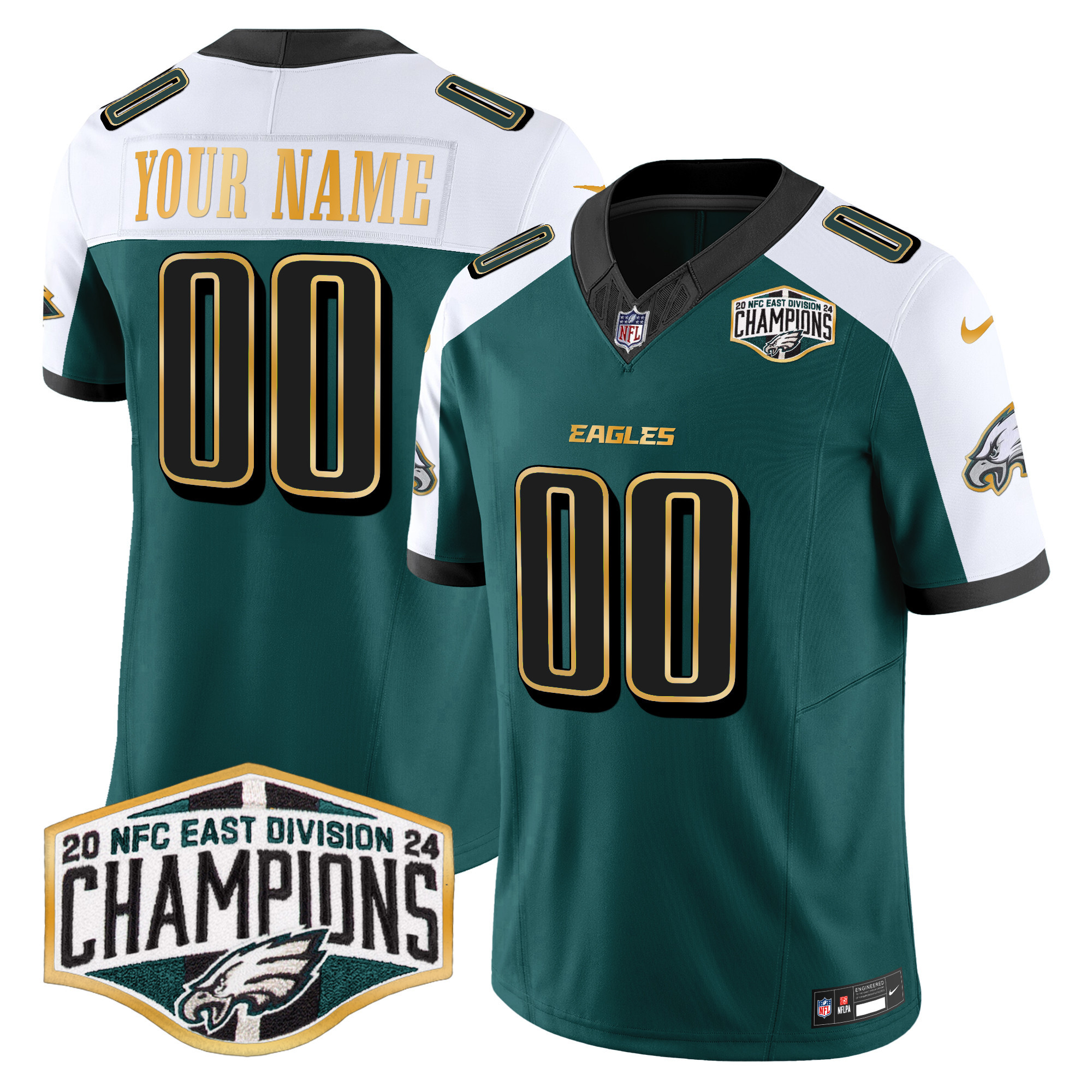 Men's Philadelphia Eagles 2024 NFC East Division Champions Gold Trim Vapor Limited Custom Green Alternate Jersey - All Stitched
