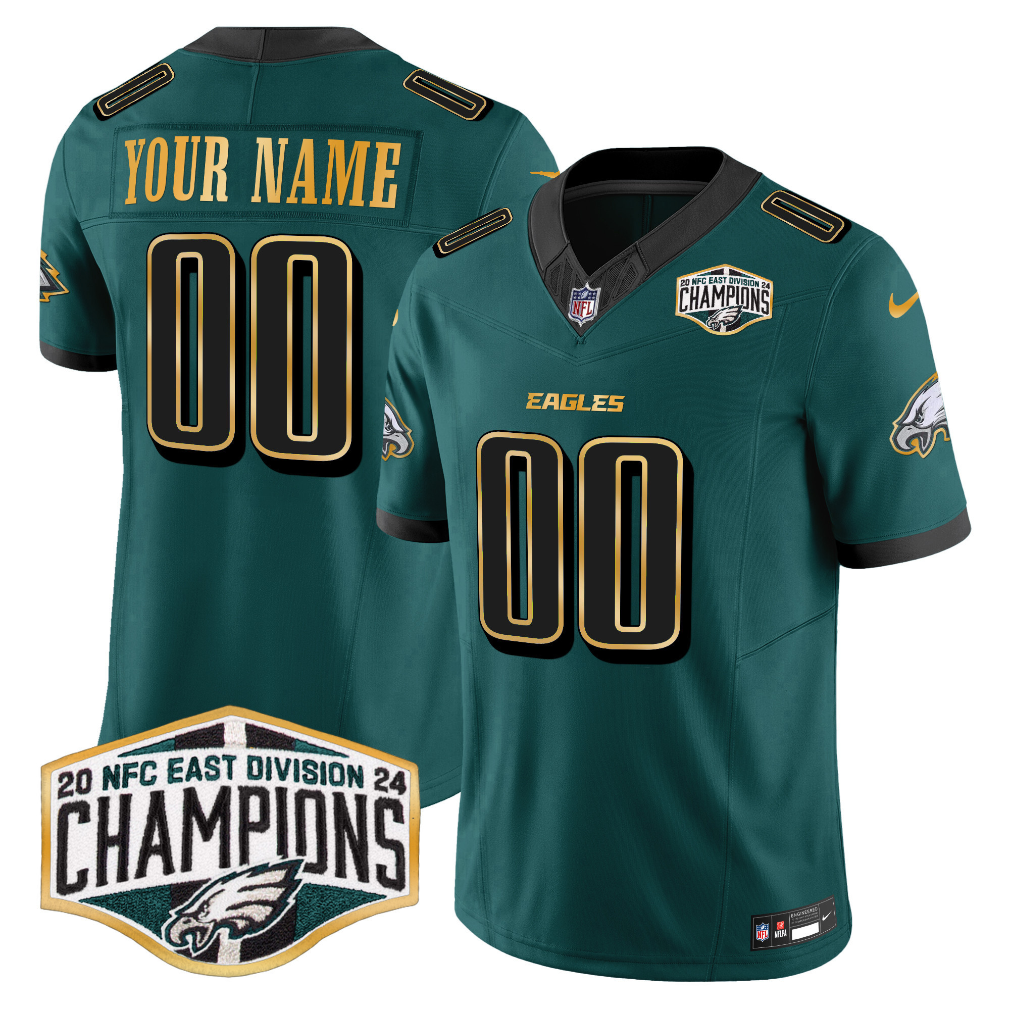 Men's Philadelphia Eagles 2024 NFC East Division Champions Gold Trim Vapor Limited Custom Midnight Green Jersey - All Stitched