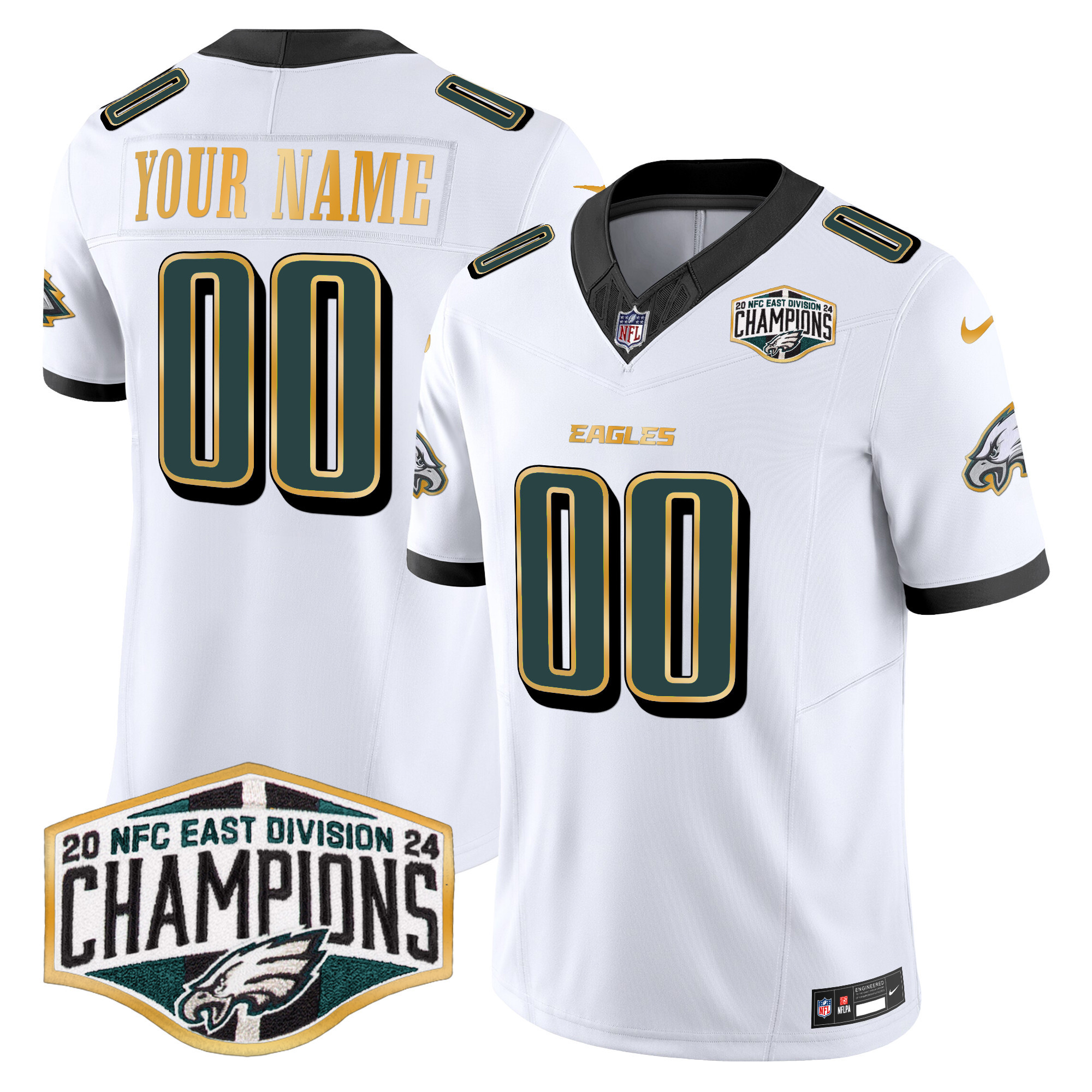 Men's Philadelphia Eagles 2024 NFC East Division Champions Gold Trim Vapor Limited Custom White Jersey - All Stitched