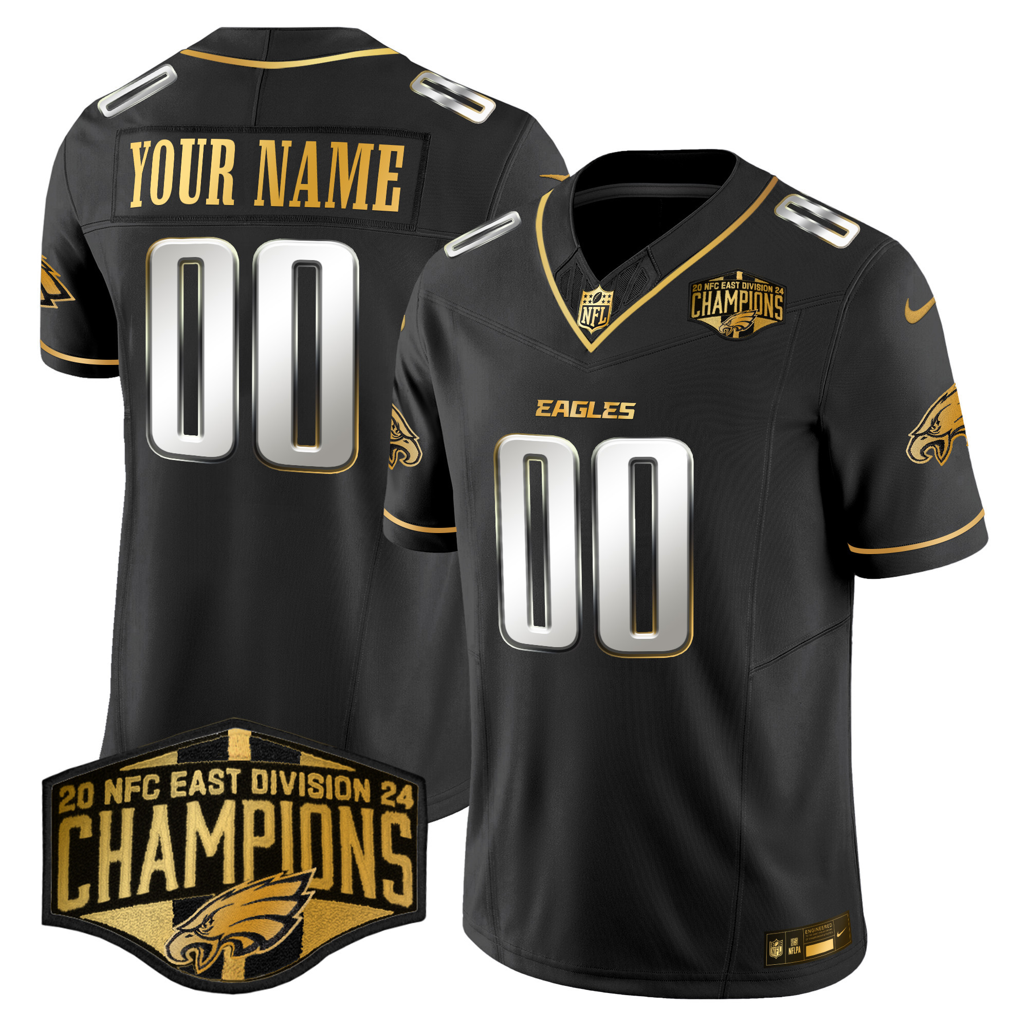 Men's Philadelphia Eagles 2024 NFC East Division Champions Gold Vapor Limited Custom Black Limited Jersey - All Stitched