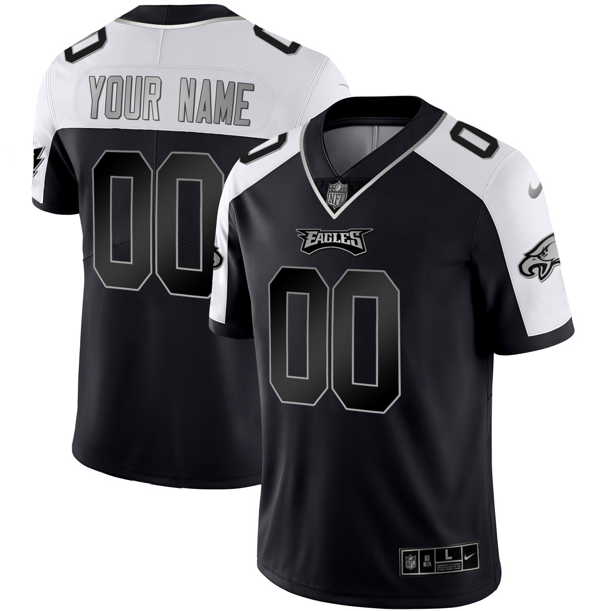 Men's Philadelphia Eagles Gold & Split Custom Name and Number - All Stitched Alternate Black Silver Jersey - All Stitched
