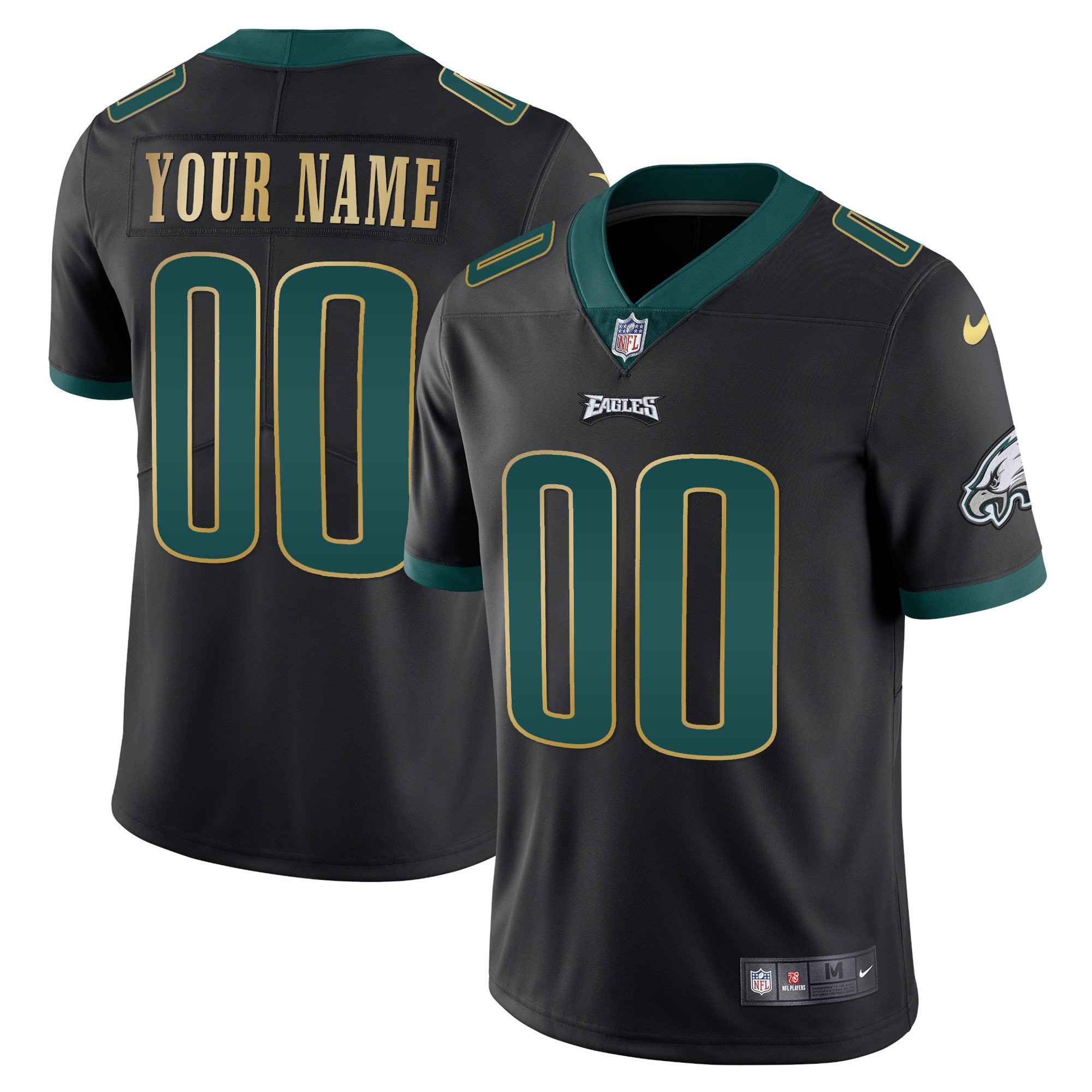 Men's Philadelphia Eagles Gold & Split Custom Name and Number - All Stitched Black Gold Trim Jersey - All Stitched