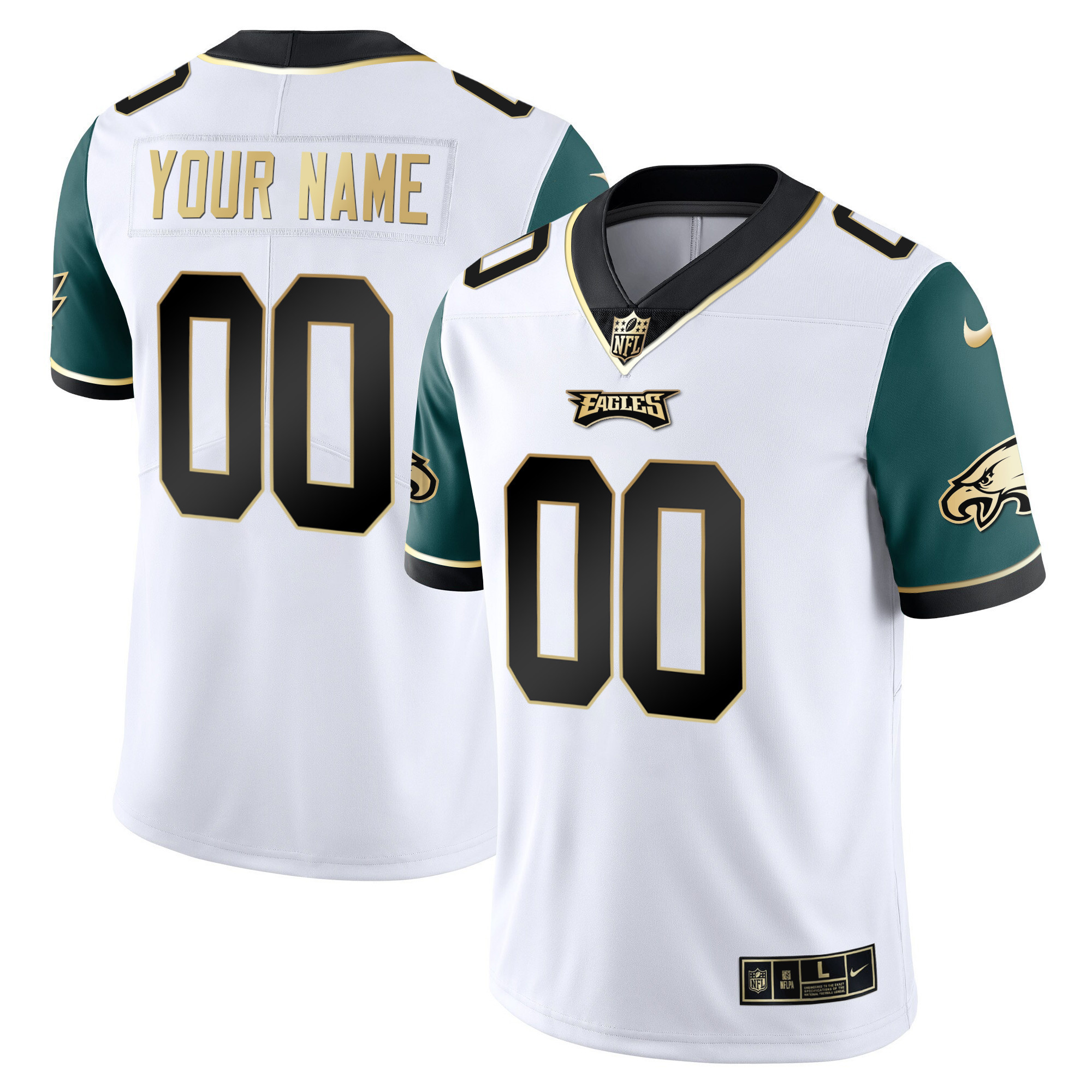 Men's Philadelphia Eagles Gold & Split Custom Name and Number - All Stitched Green Sleeves Jersey - All Stitched
