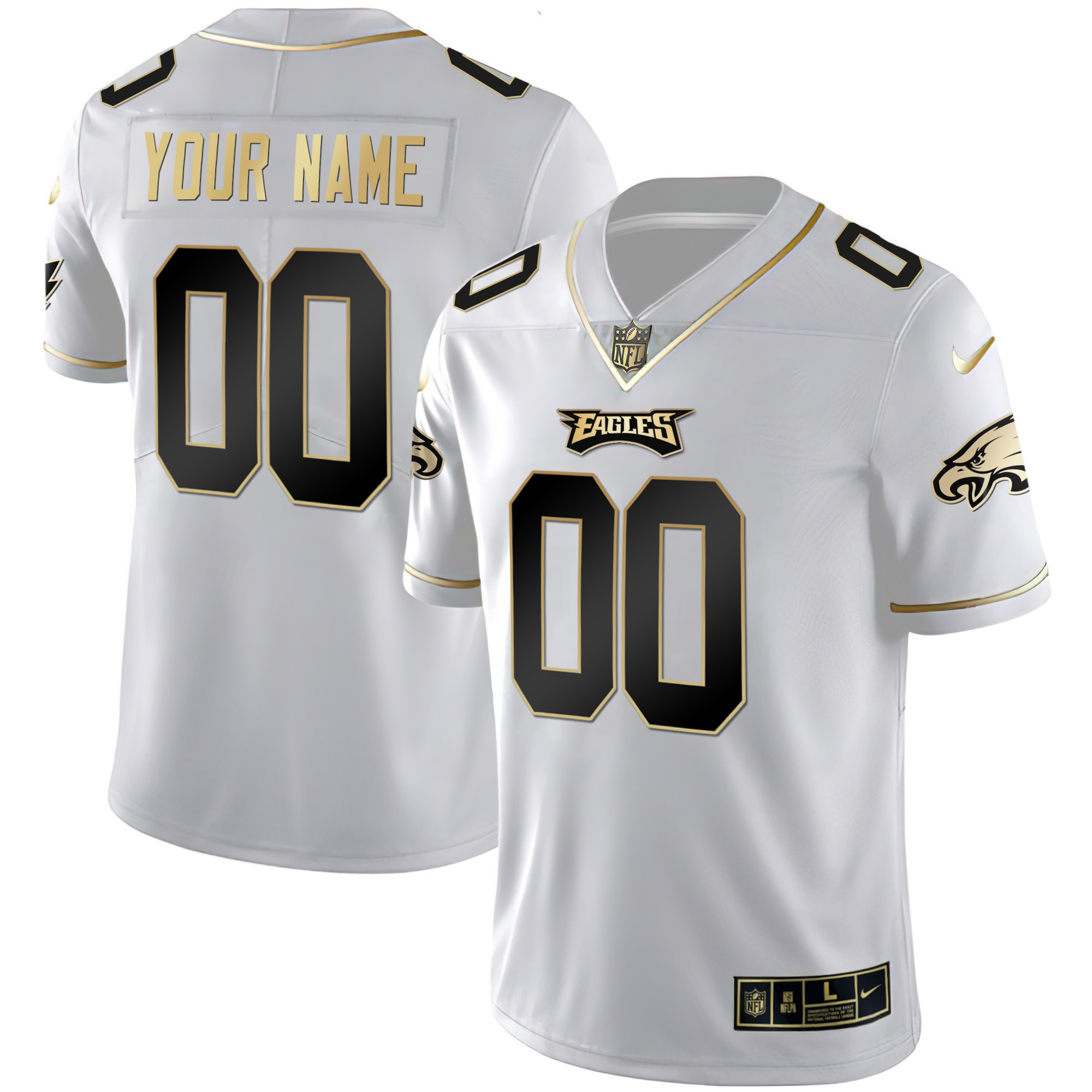 Men's Philadelphia Eagles Gold & Split Custom Name and Number - All Stitched White Gold Jersey - All Stitched
