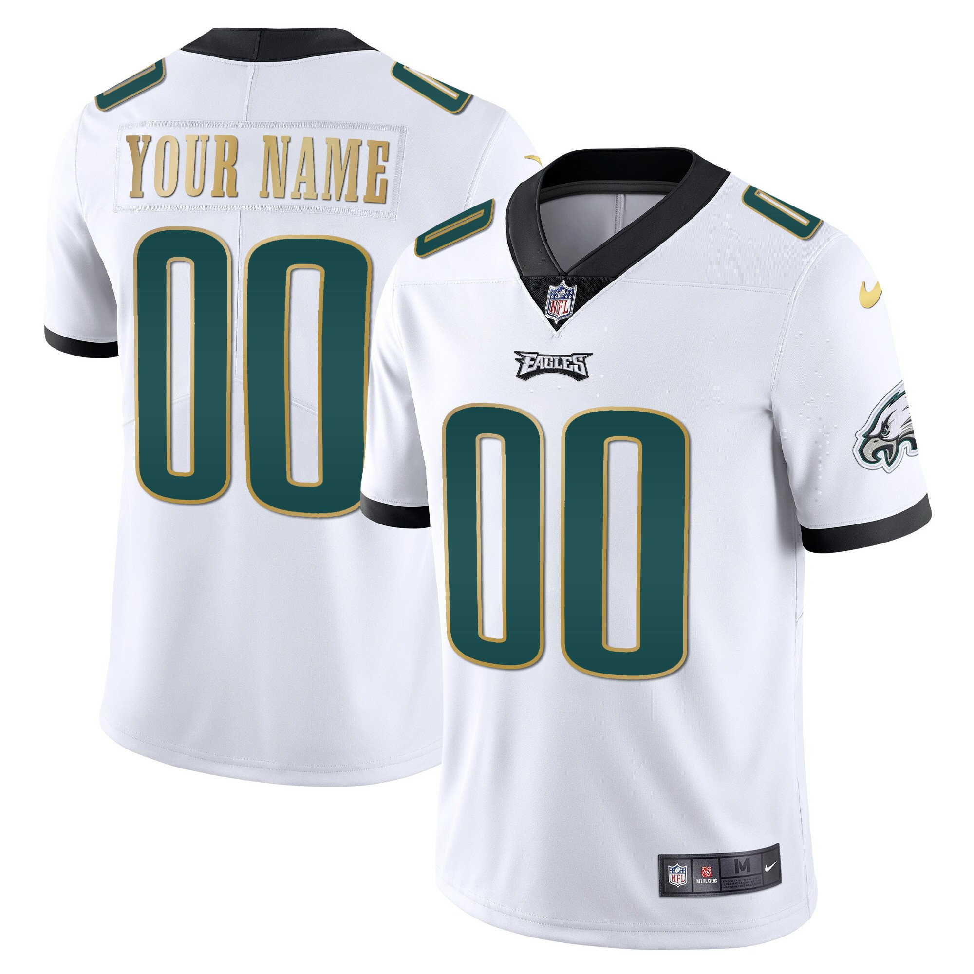 Men's Philadelphia Eagles Gold & Split Custom Name and Number - All Stitched White Gold Trim Jersey - All Stitched