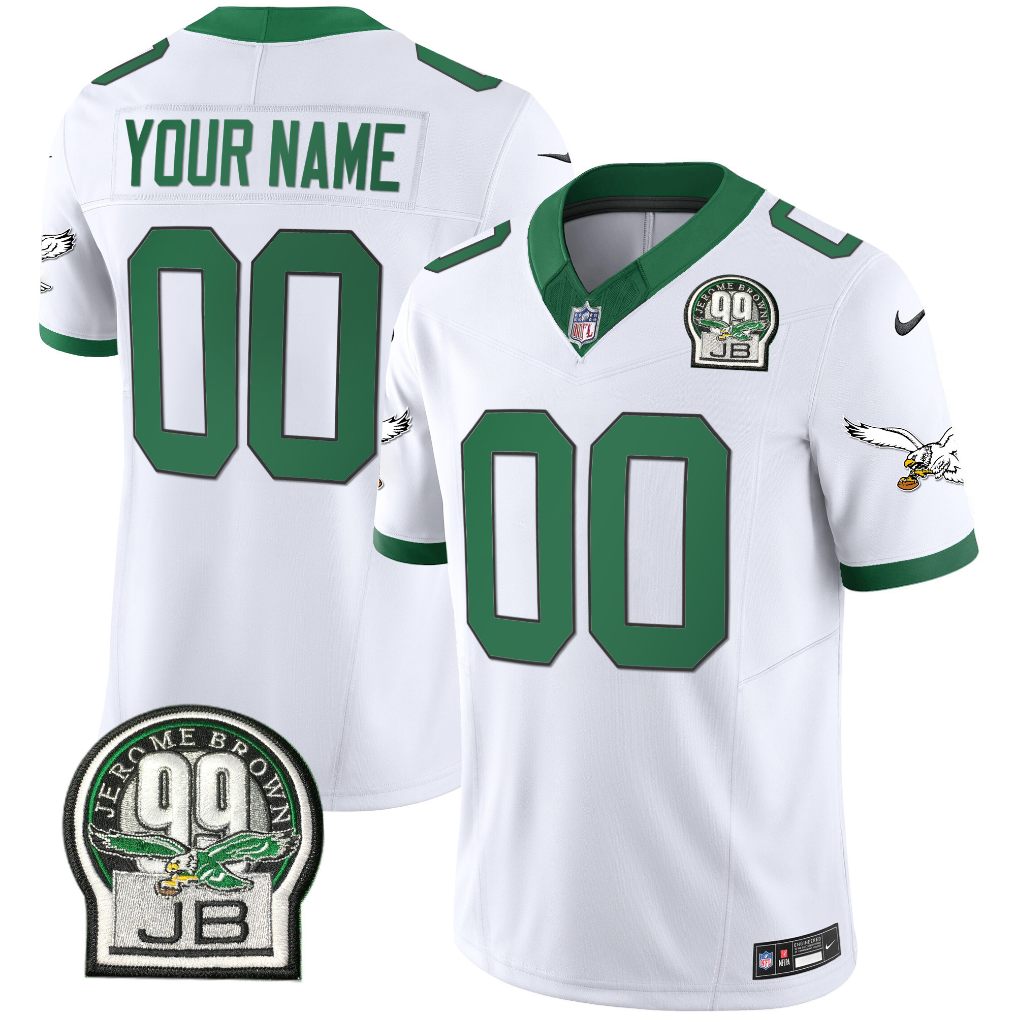Men's Philadelphia Eagles Jerome Brown Patch Kelly Green Alternate Custom Kelly White Jersey - All Stitched