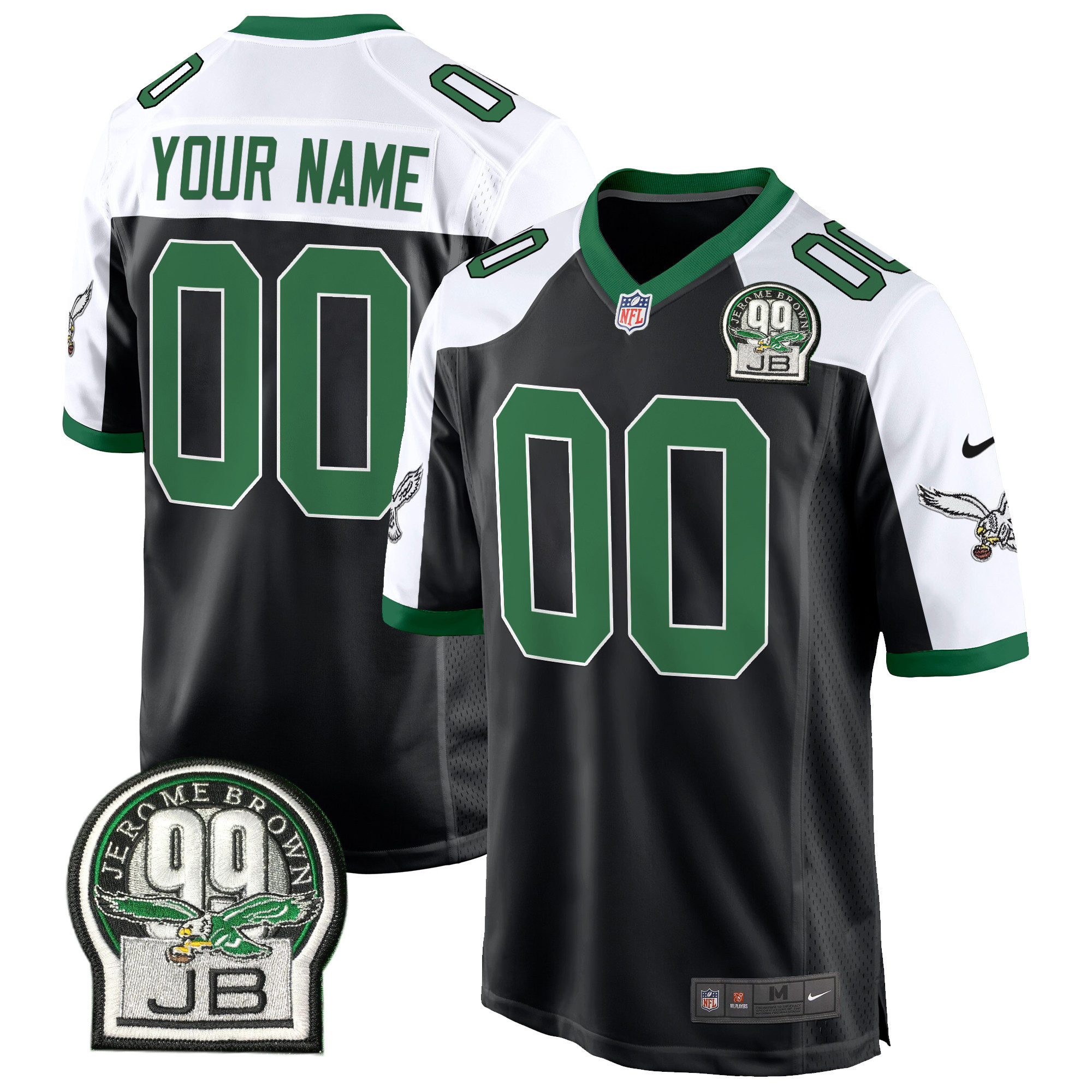 Men's Philadelphia Eagles Jerome Brown Patch Kelly Green Game Custom Black Alternate Jersey - All Stitched