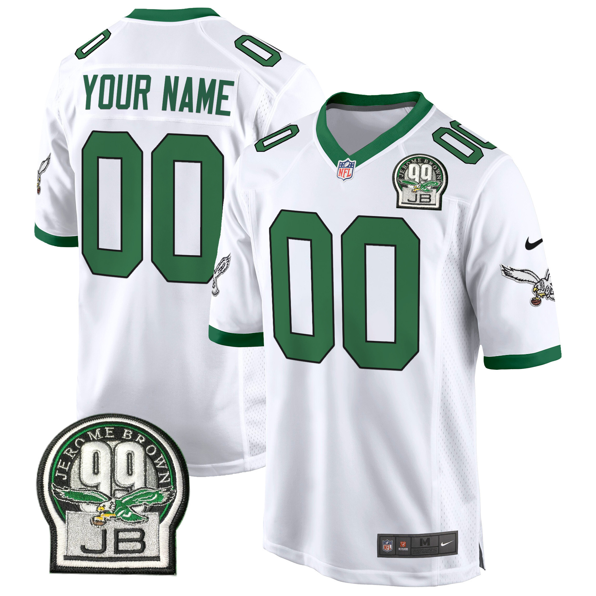 Men's Philadelphia Eagles Jerome Brown Patch Kelly Green Game Custom Kelly White Jersey - All Stitched
