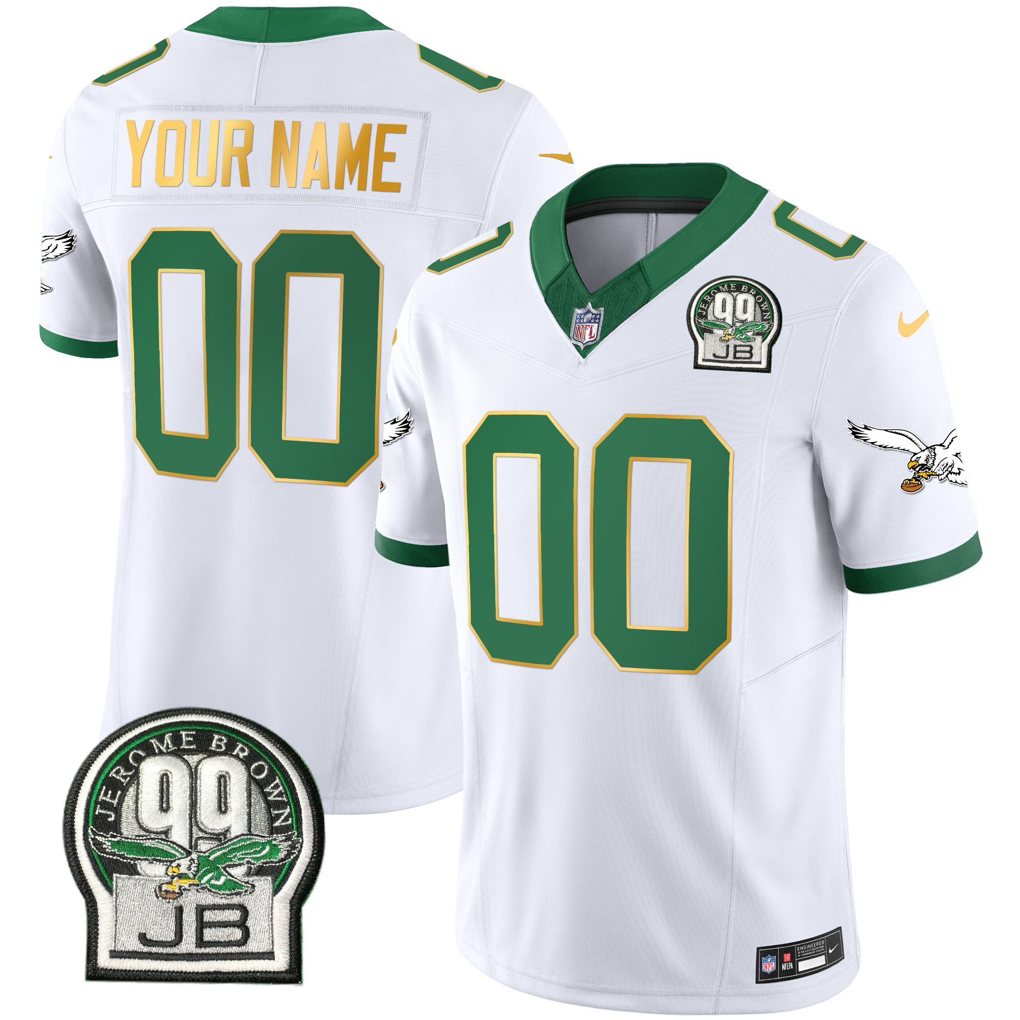 Men's Philadelphia Eagles Jerome Brown Patch Kelly Green Gold Trim Custom Kelly White Jersey - All Stitched