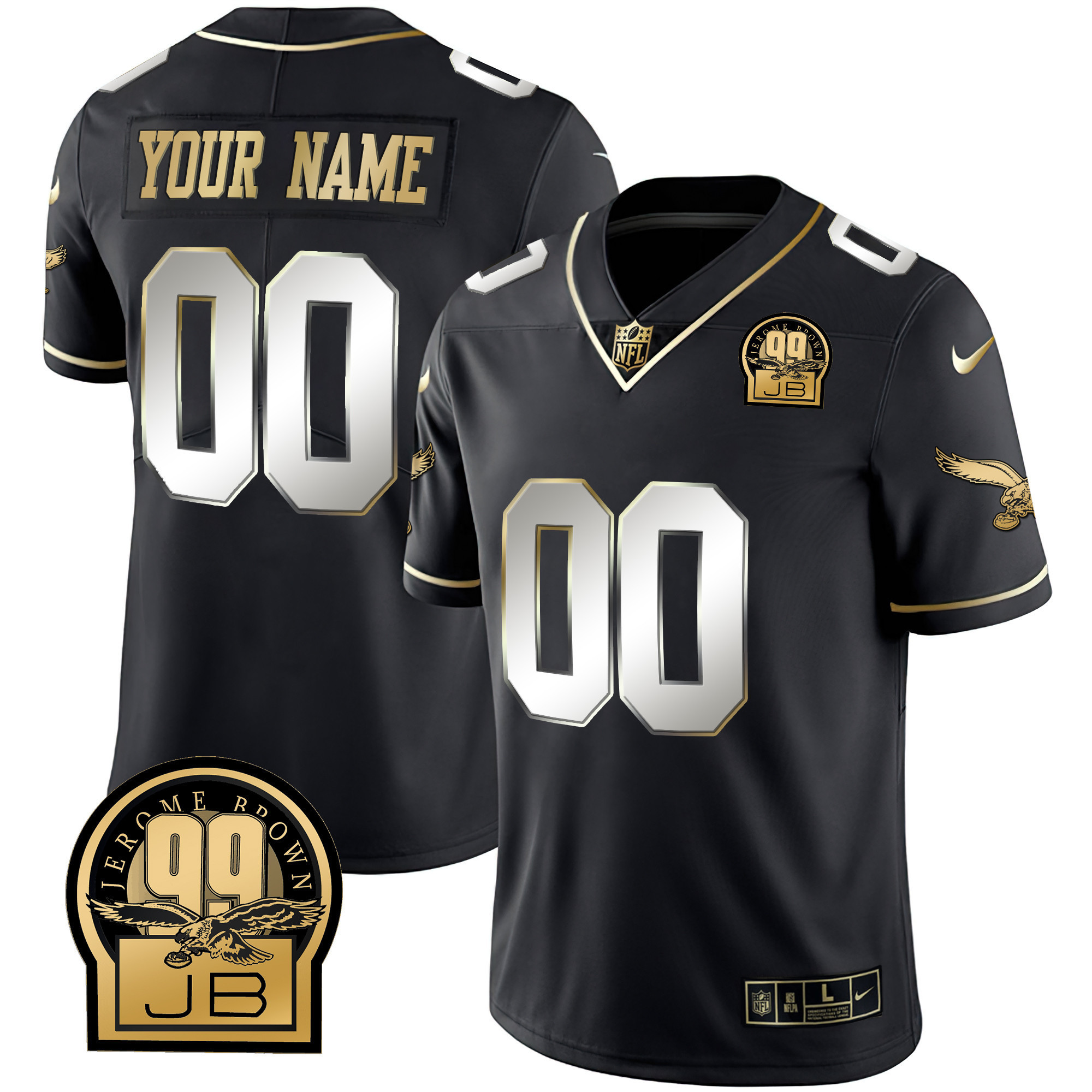 Men's Philadelphia Eagles Jerome Brown Retired Patch Gold & Kelly Custom Black Limited Jersey - All Stitched