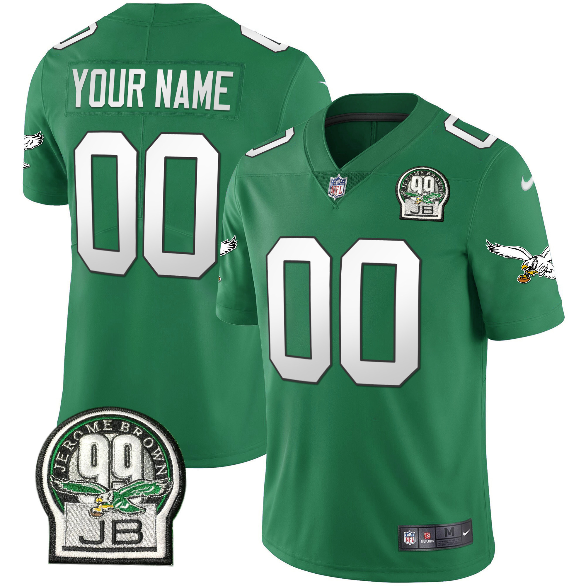 Men's Philadelphia Eagles Jerome Brown Retired Patch Gold & Kelly Custom Kelly Green Jersey - All Stitched
