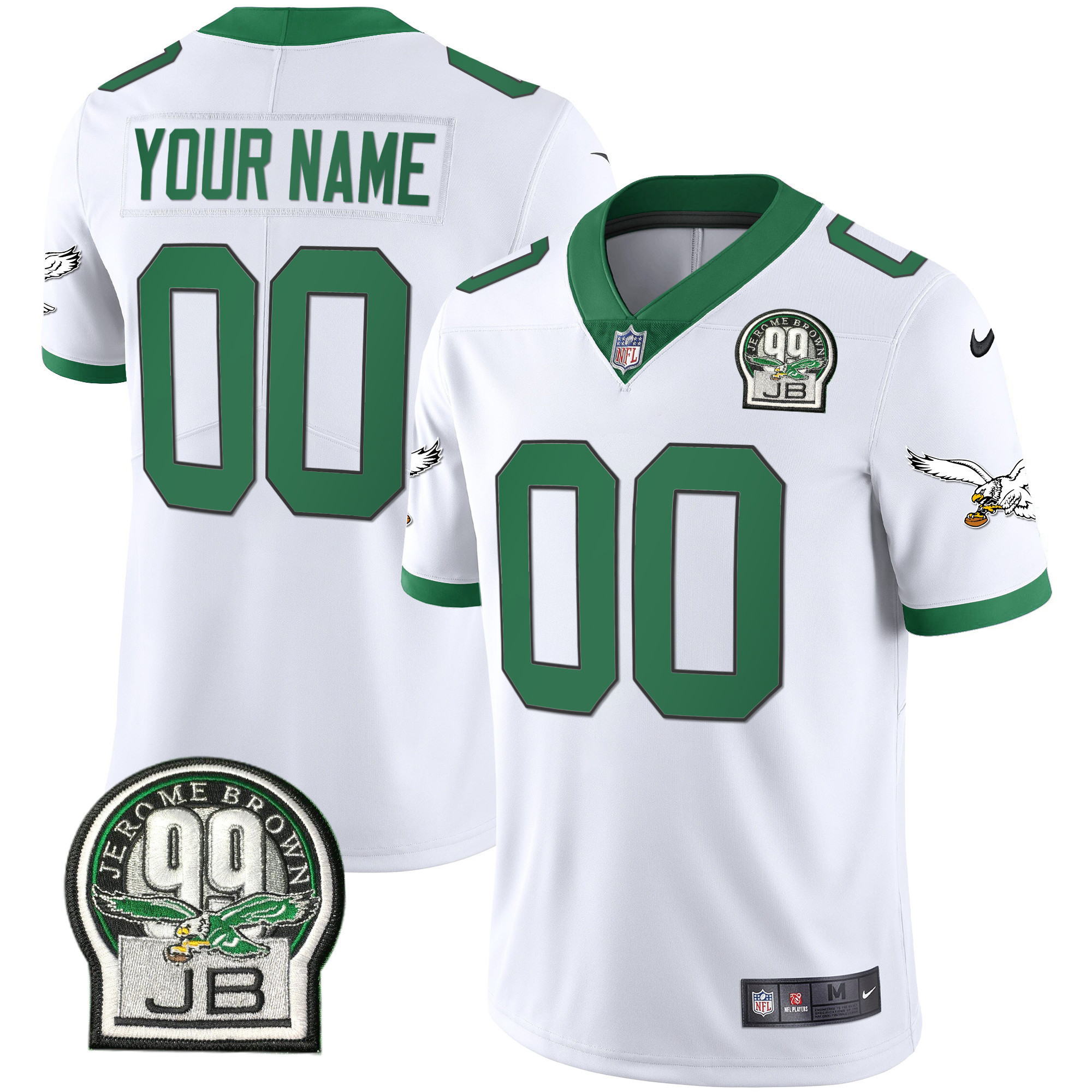 Men's Philadelphia Eagles Jerome Brown Retired Patch Gold & Kelly Custom Kelly White Jersey - All Stitched