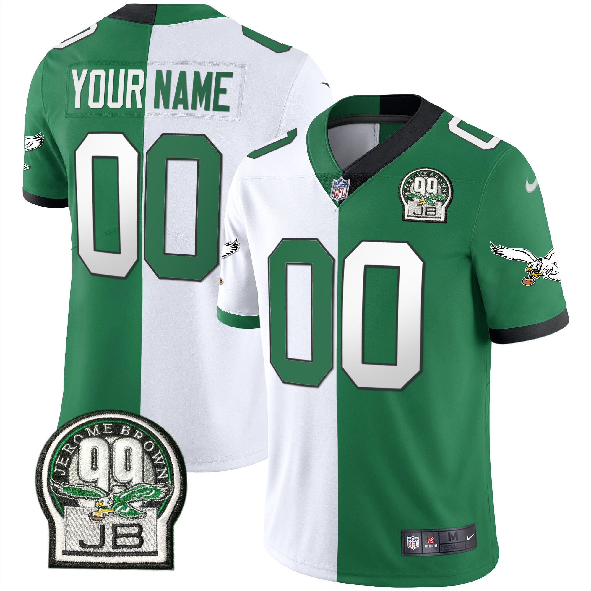 Men's Philadelphia Eagles Jerome Brown Retired Patch Gold & Kelly Custom Split Jersey - All Stitched