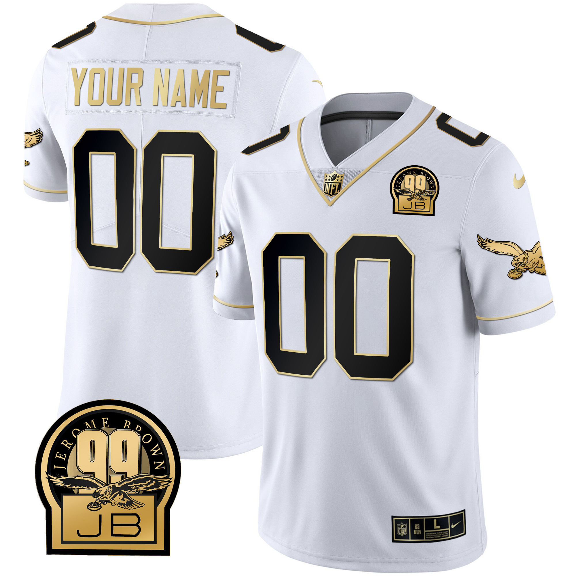 Men's Philadelphia Eagles Jerome Brown Retired Patch Gold & Kelly Custom White Gold Jersey - All Stitched
