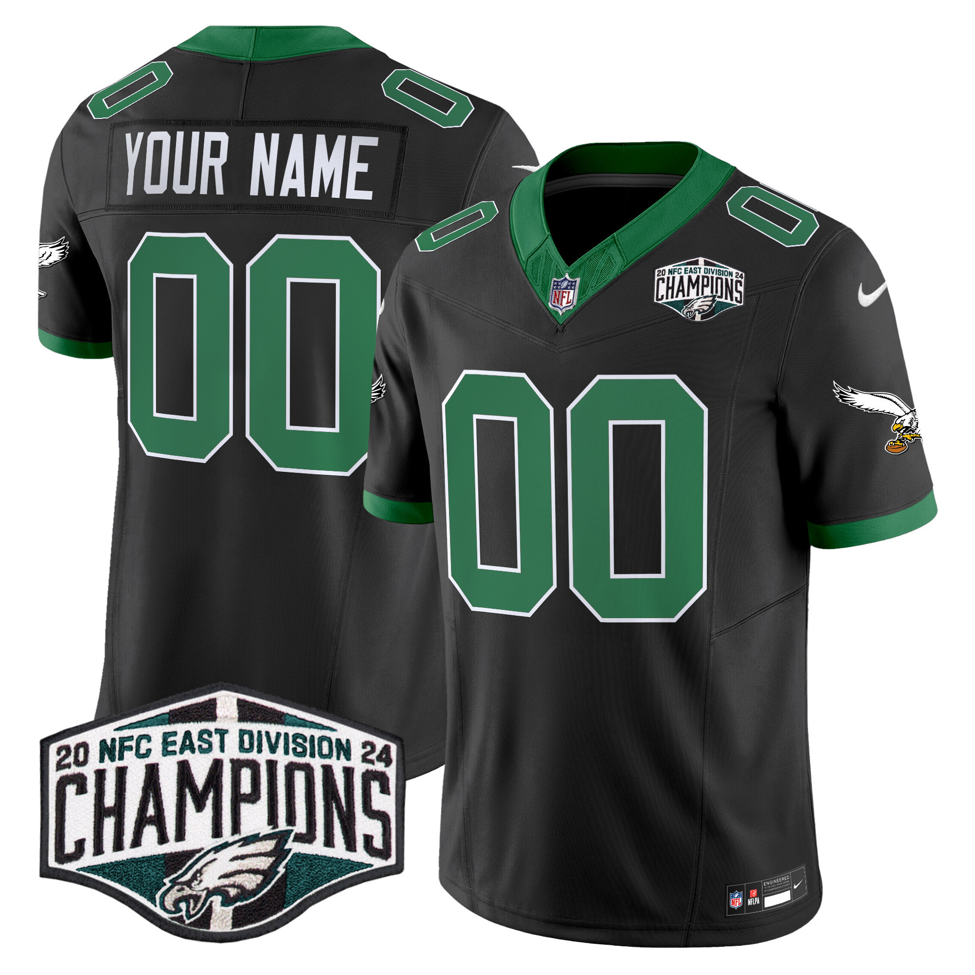 Men's Philadelphia Eagles Kelly Green 2024 NFC East Division Champions Vapor Limited Custom Black Jersey - All Stitched