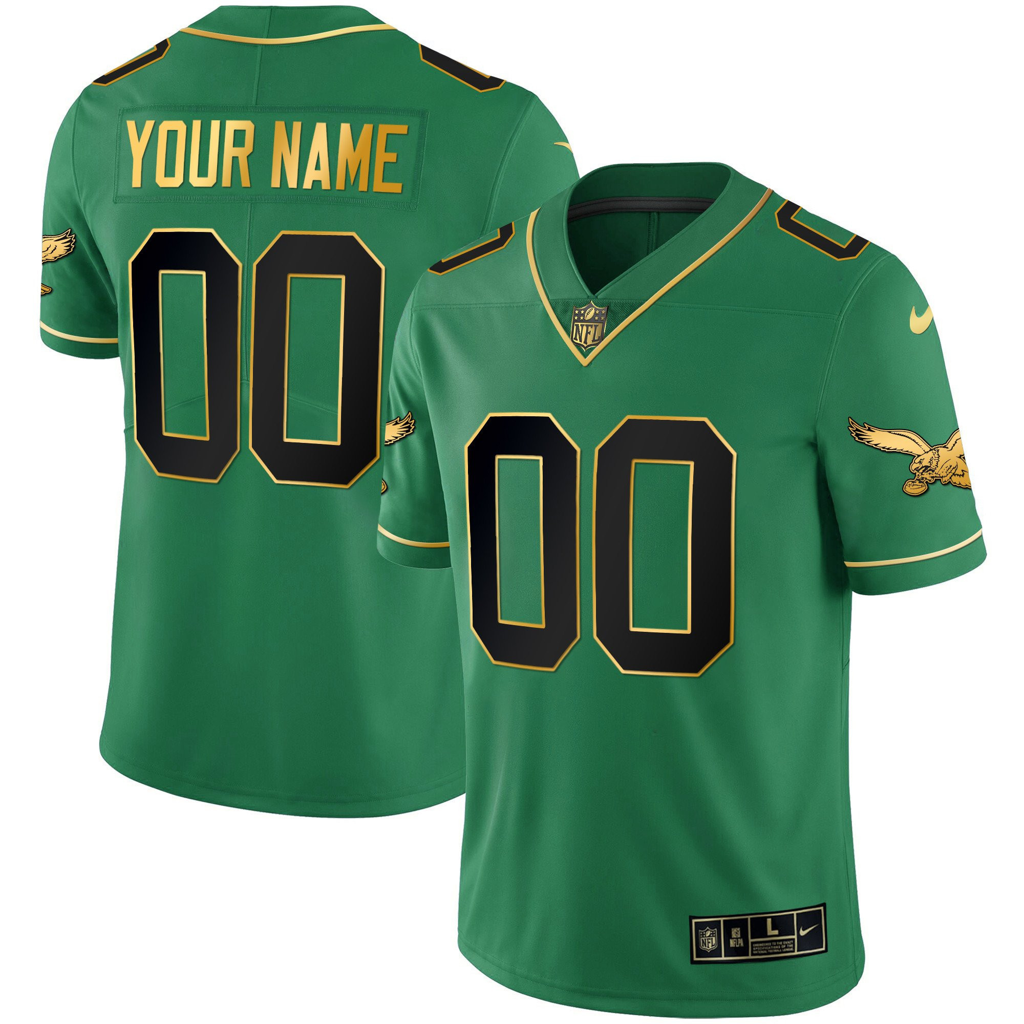 Men's Philadelphia Eagles Kelly Green Gold Custom Black Kelly Jersey - All Stitched