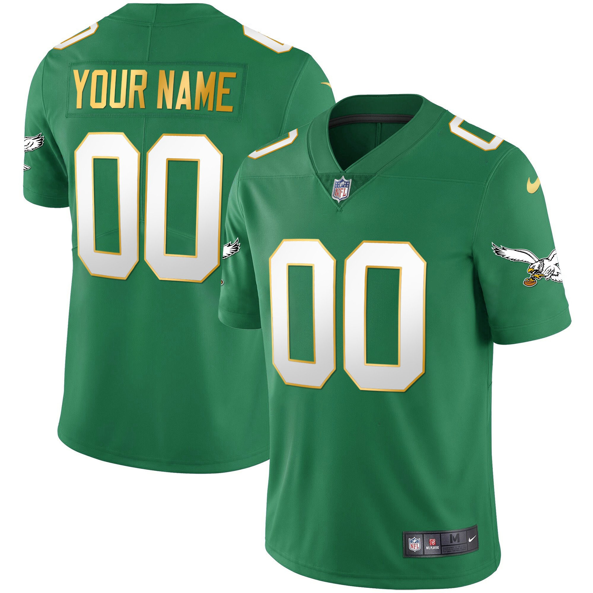 Men's Philadelphia Eagles Kelly Green Gold Custom Gold Trim Jersey - All Stitched