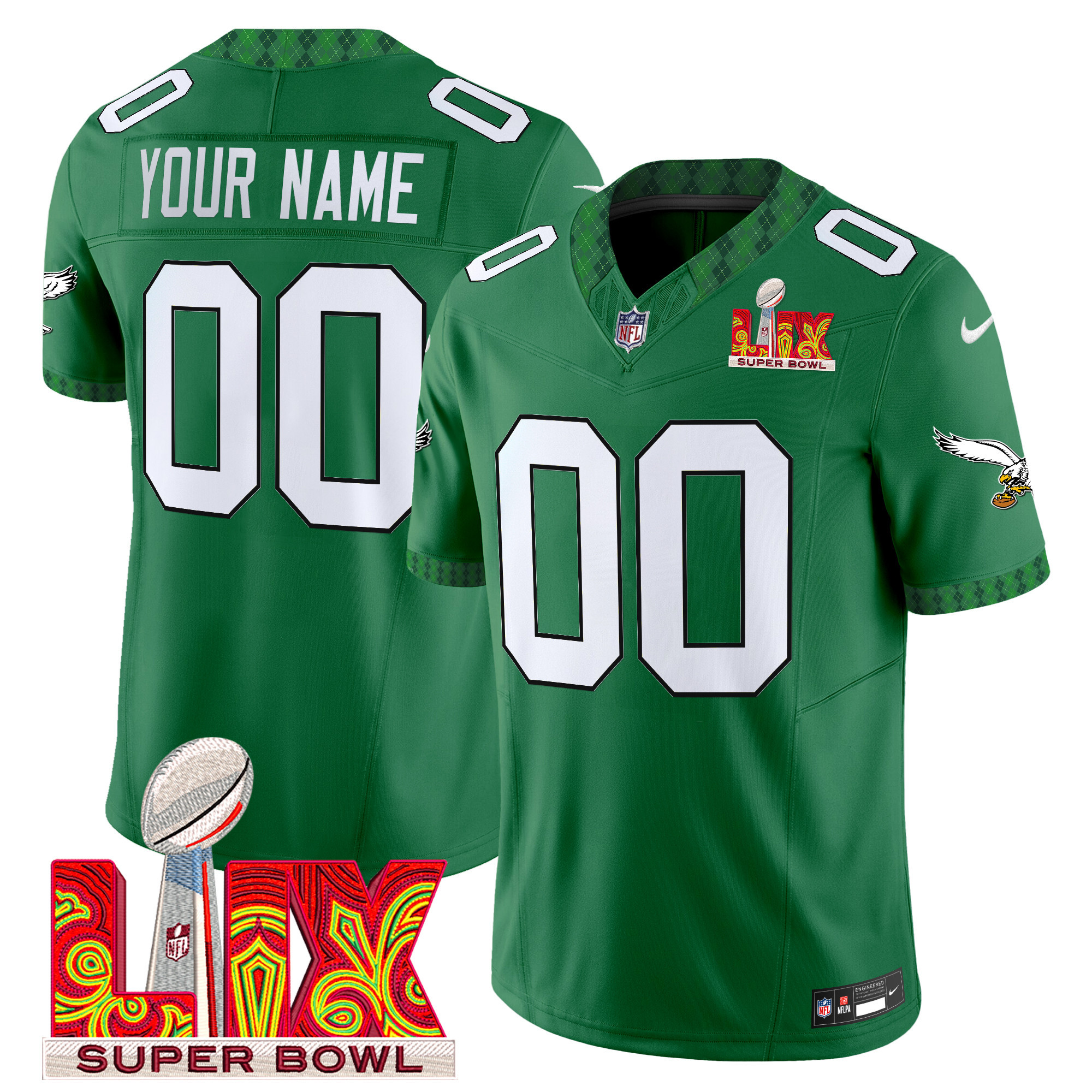 Men's Philadelphia Eagles Kelly Green St. Patrick's Day Super Bowl LIX Patch Vapor Limited Custom Kelly Green Jersey - All Stitched