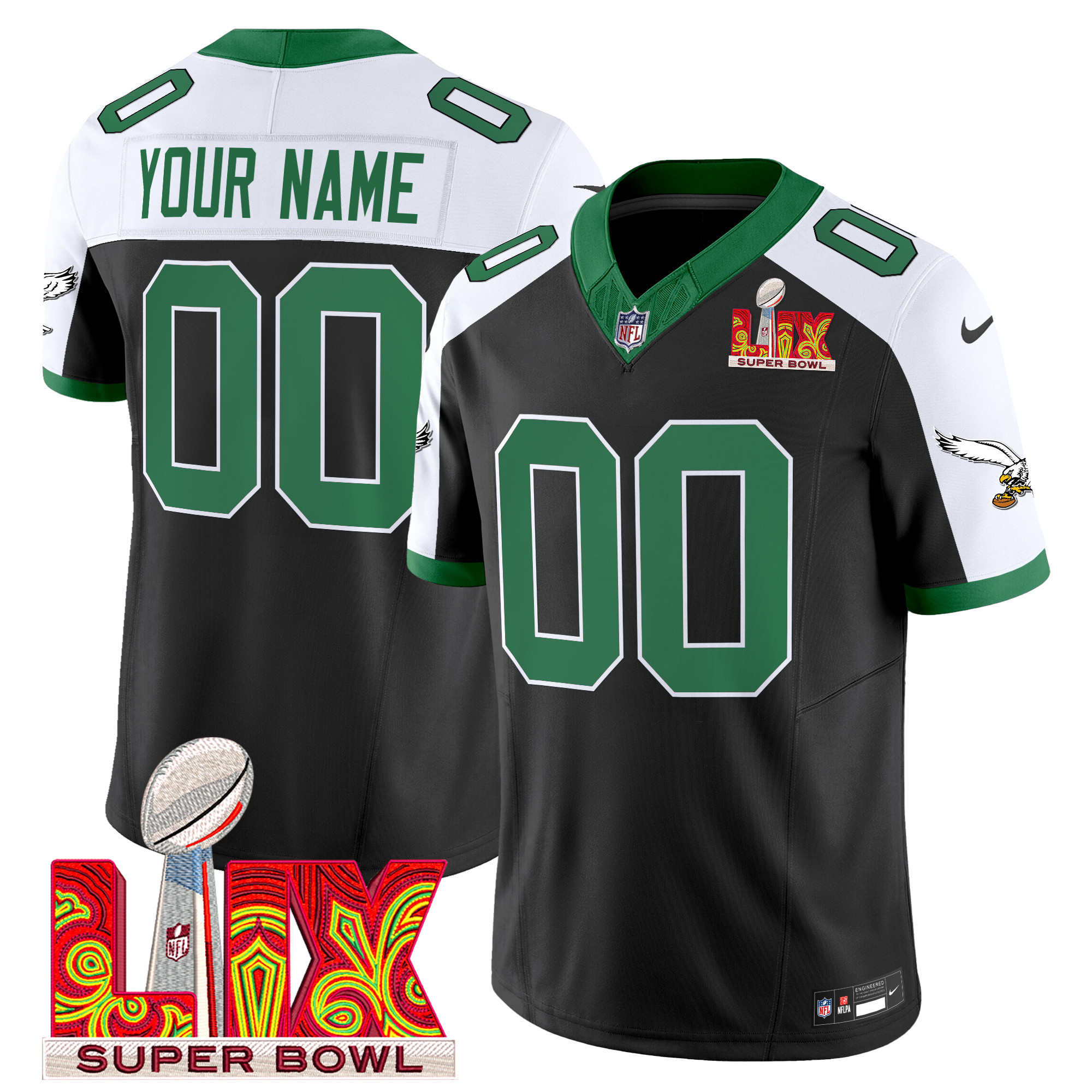 Men's Philadelphia Eagles Kelly Green Super Bowl LIX Patch Vapor Limited Custom Black Alternate Jersey - All Stitched