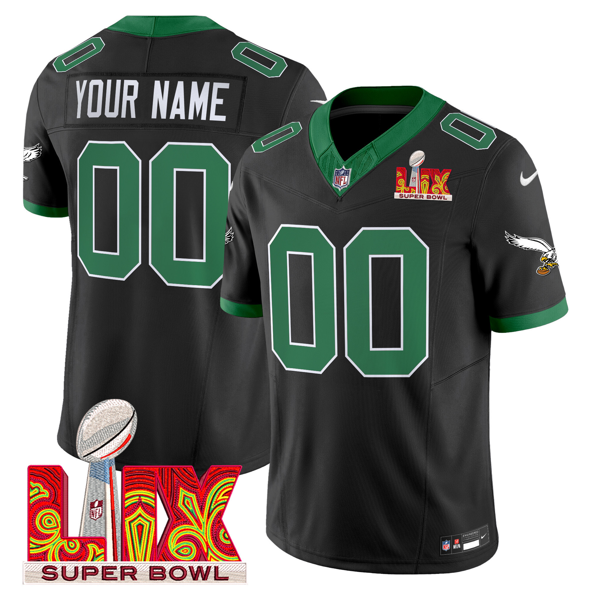 Men's Philadelphia Eagles Kelly Green Super Bowl LIX Patch Vapor Limited Custom Black Jersey - All Stitched