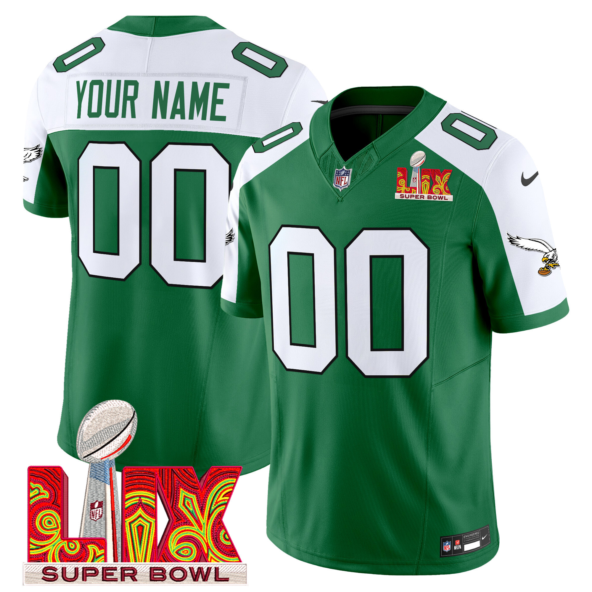 Men's Philadelphia Eagles Kelly Green Super Bowl LIX Patch Vapor Limited Custom Kelly Alternate Jersey - All Stitched