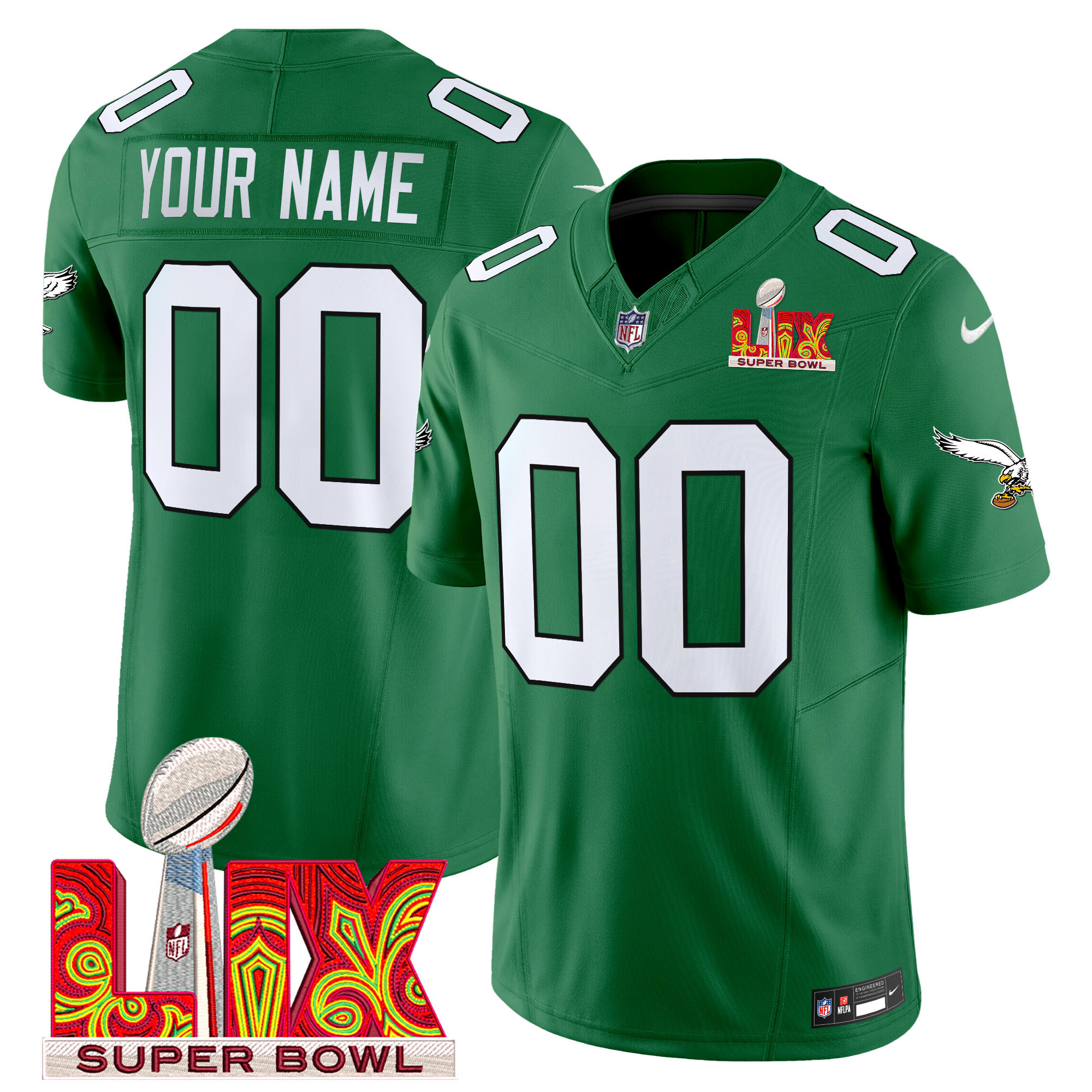 Men's Philadelphia Eagles Kelly Green Super Bowl LIX Patch Vapor Limited Custom Kelly Green Jersey - All Stitched