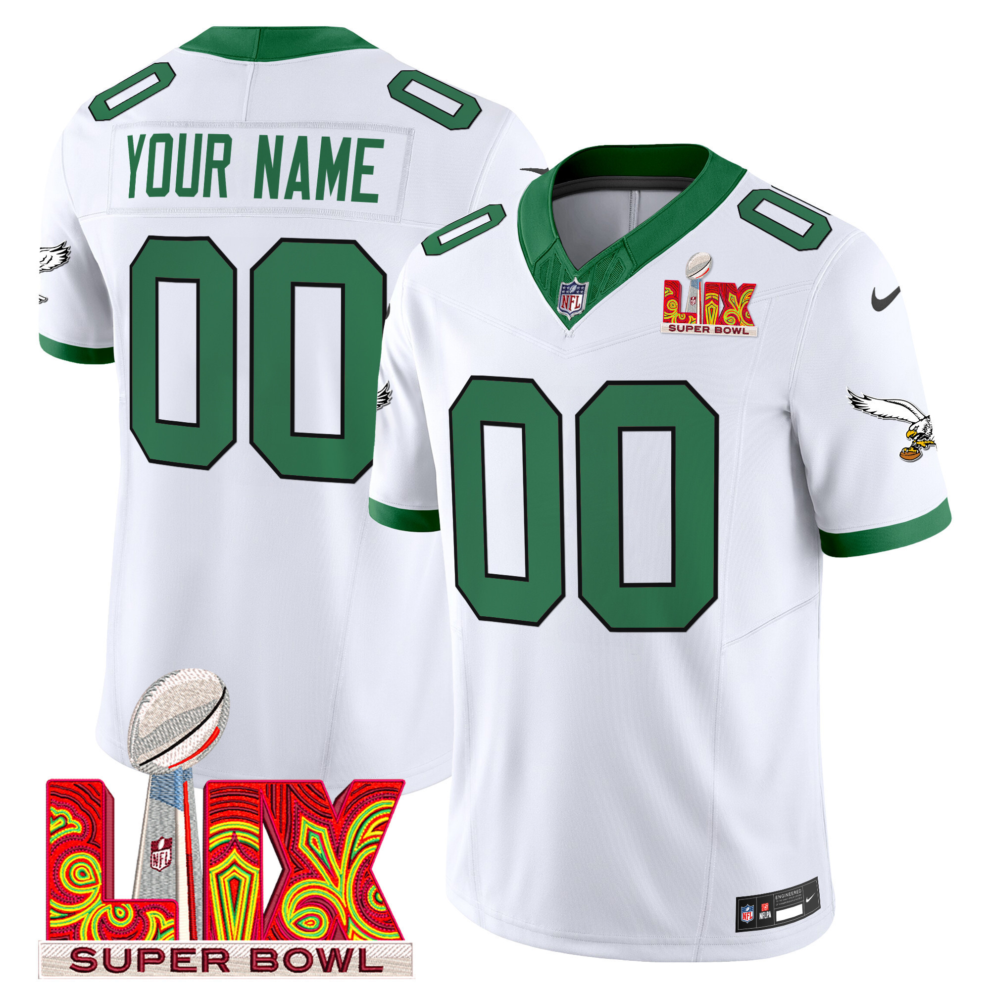 Men's Philadelphia Eagles Kelly Green Super Bowl LIX Patch Vapor Limited Custom Kelly White Jersey - All Stitched