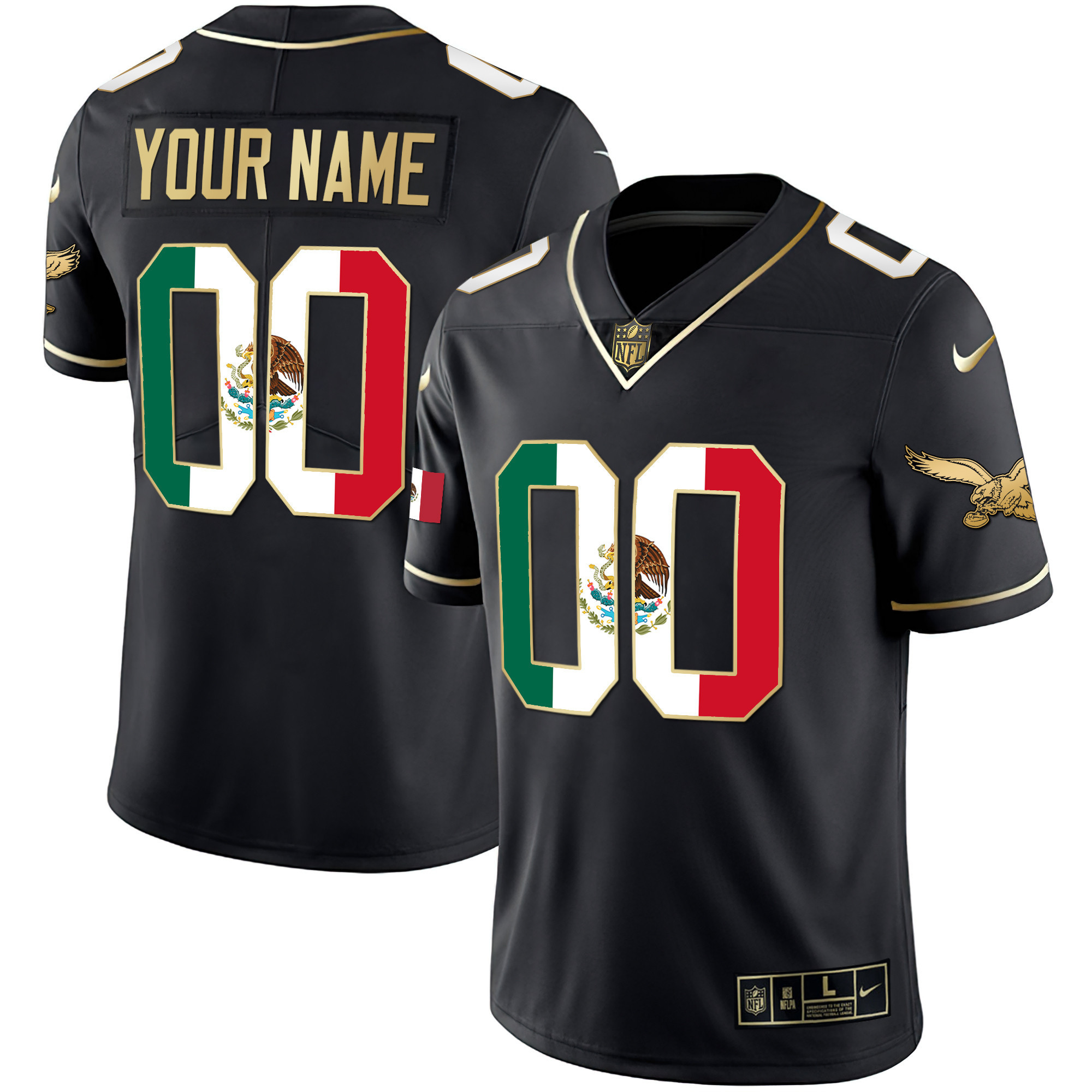 Men's Philadelphia Eagles Mexico Gold & Kelly Vapor Custom Black Gold Jersey - All Stitched