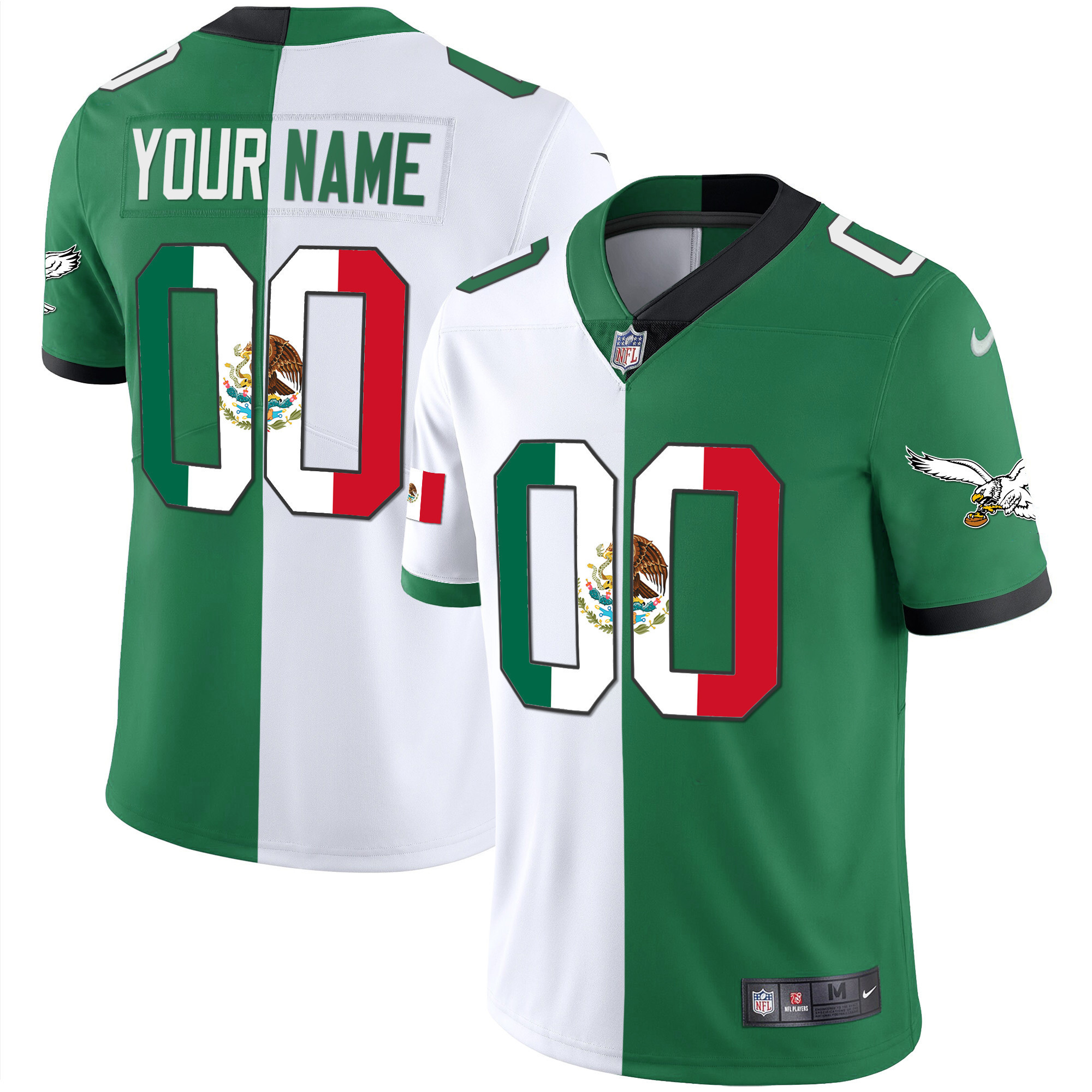 Men's Philadelphia Eagles Mexico Gold & Kelly Vapor Custom Split Jersey - All Stitched