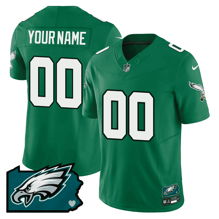 Men's Philadelphia Eagles Pennsylvania State Map Patch Custom Kelly Green Jersey - All Stitched