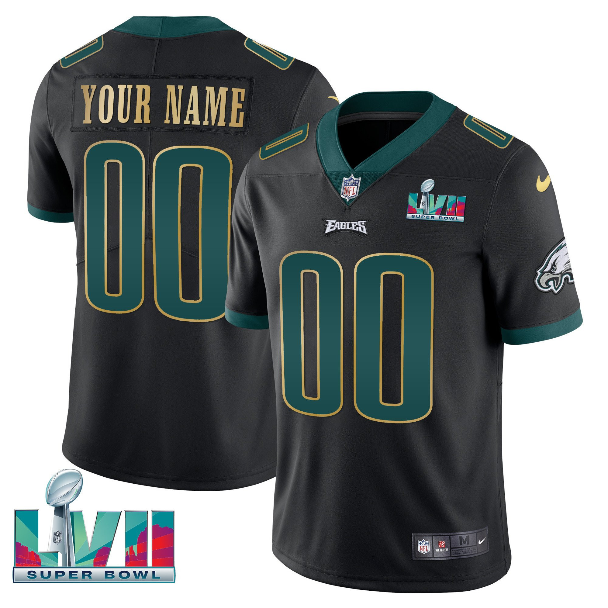 Men's Philadelphia Eagles Super Bowl Custom Patch Vapor Black Gold Trim Jersey - All Stitched