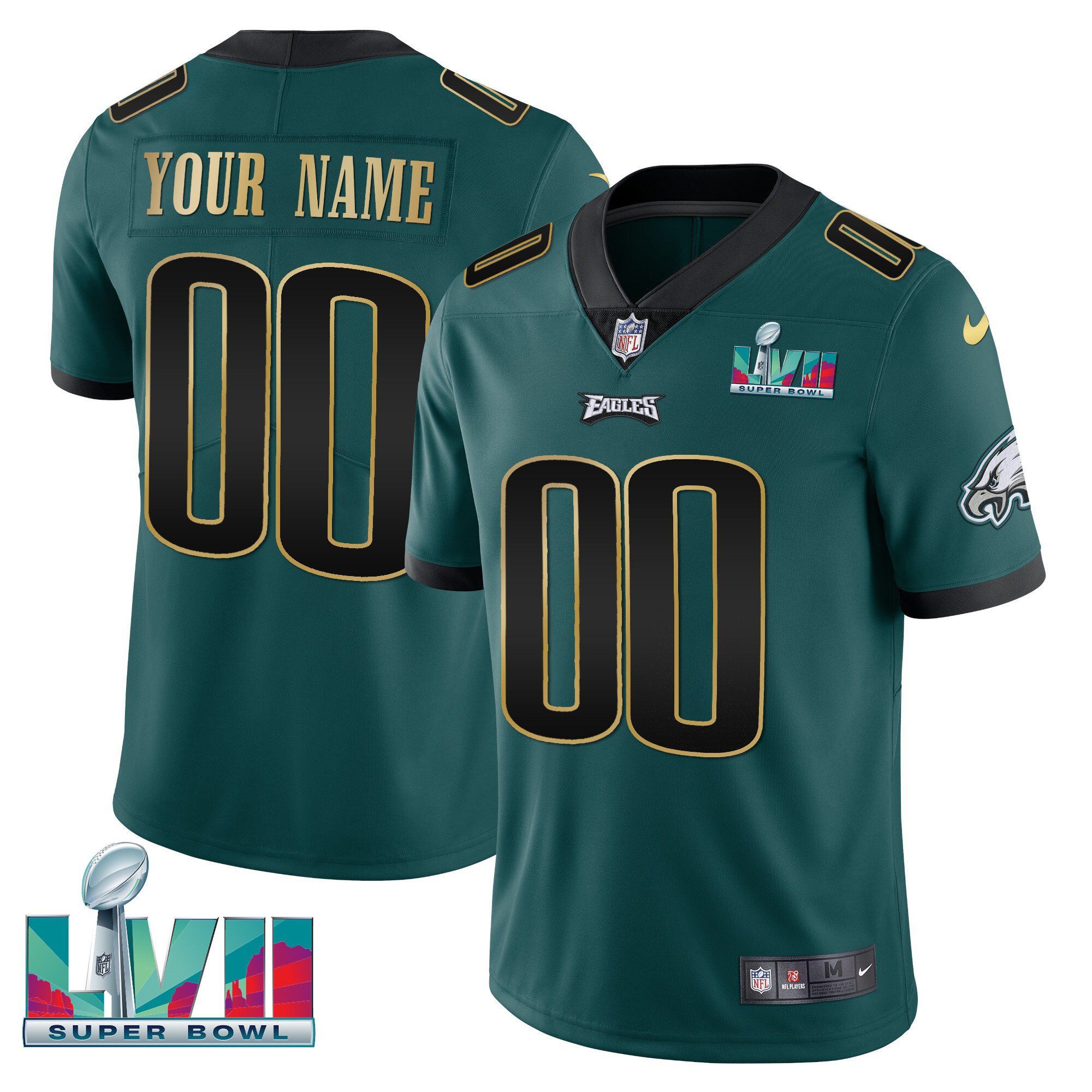 Men's Philadelphia Eagles Super Bowl Custom Patch Vapor Midnight Green Gold Trim Jersey - All Stitched