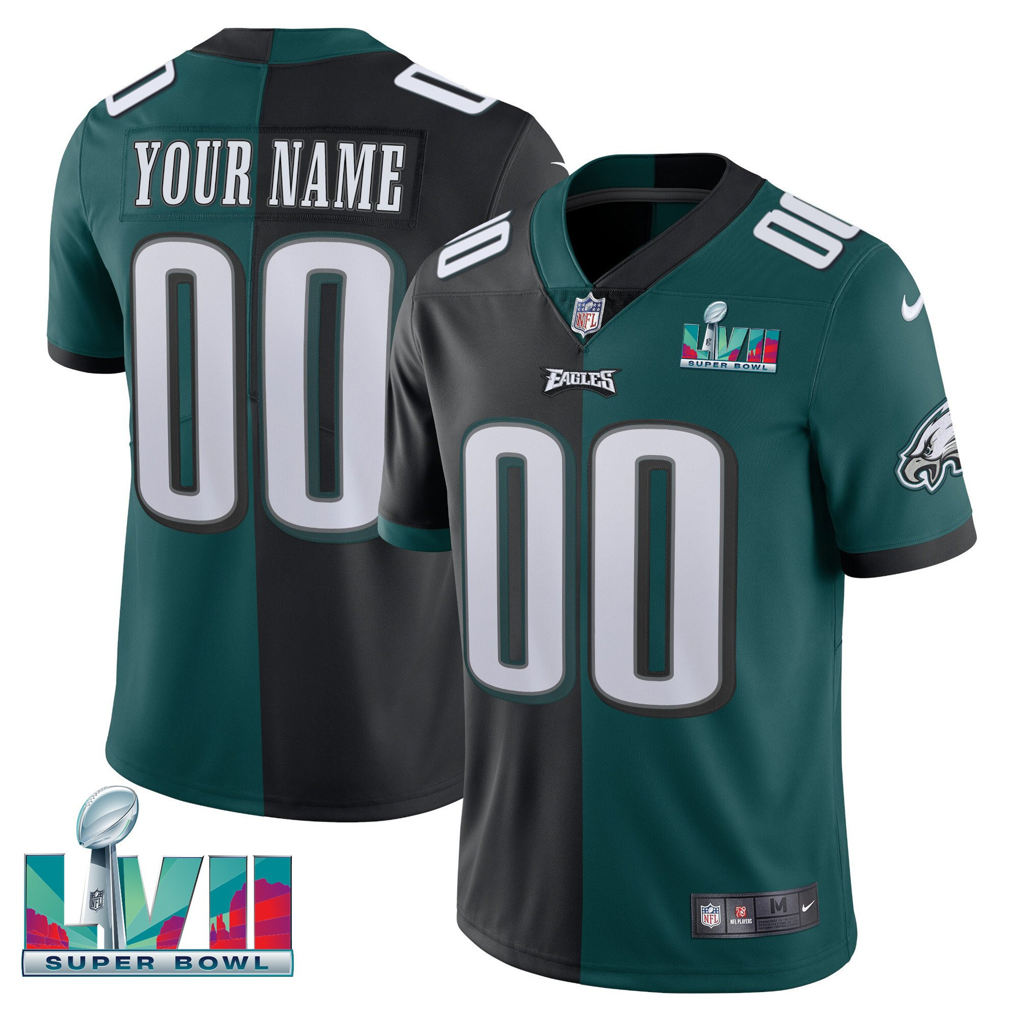 Men's Philadelphia Eagles Super Bowl Custom Patch Vapor Split Black Green Jersey - All Stitched