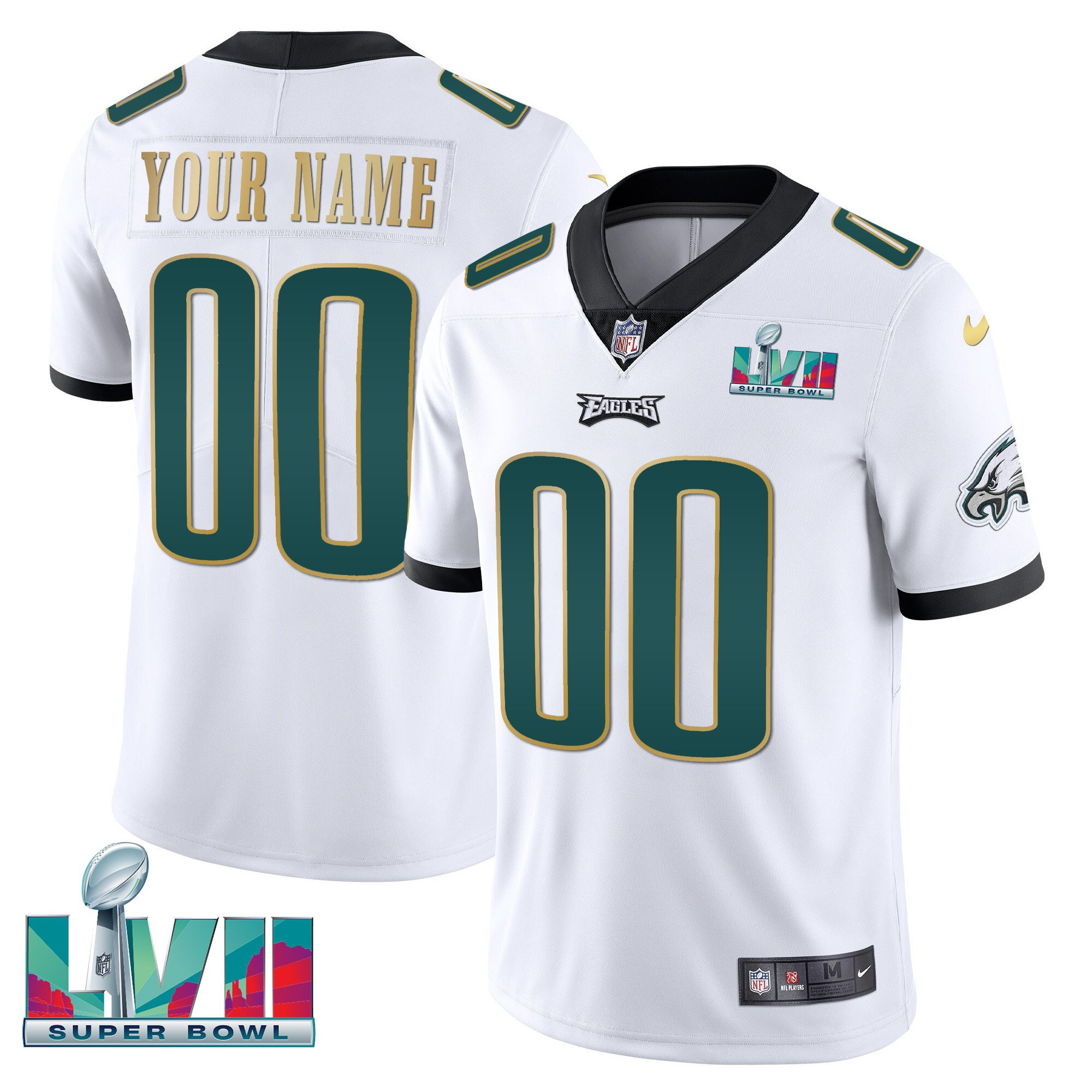 Men's Philadelphia Eagles Super Bowl Custom Patch Vapor White Gold Trim Jersey - All Stitched