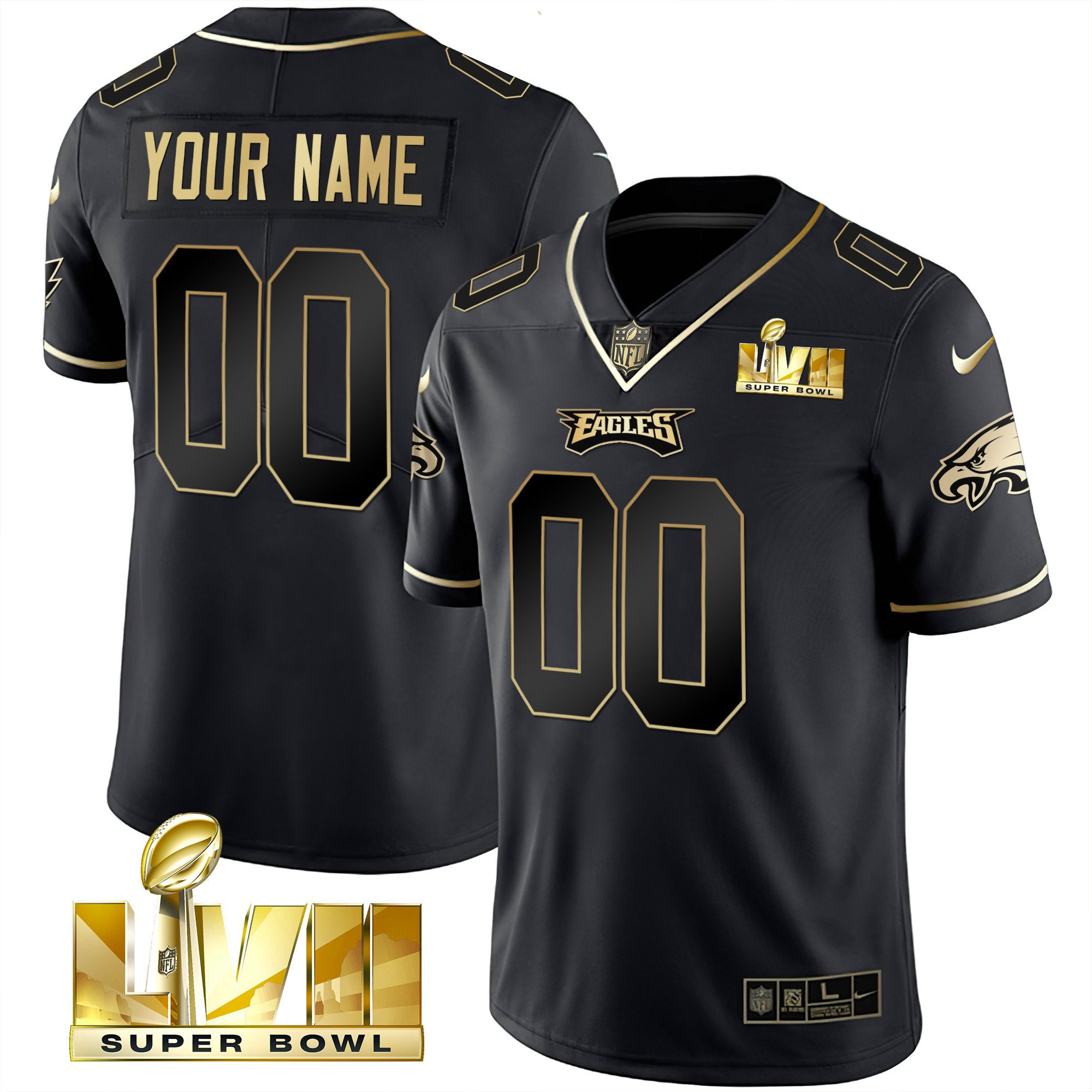 Men's Philadelphia Eagles Super Bowl Gold Custom Vapor Black Gold Jersey - All Stitched