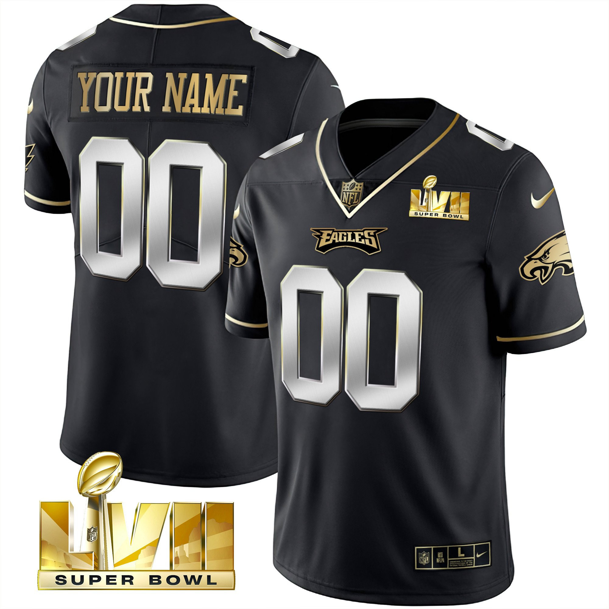 Men's Philadelphia Eagles Super Bowl Gold Custom Vapor Black Limited Jersey - All Stitched