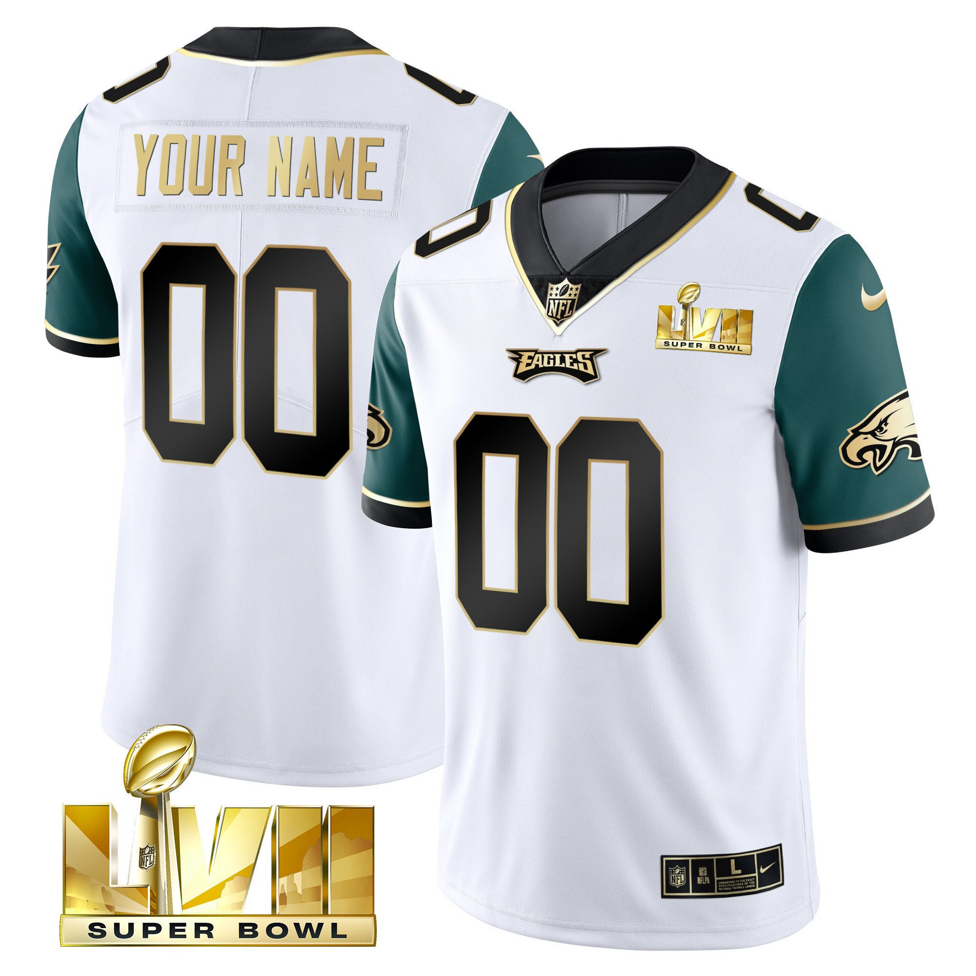 Men's Philadelphia Eagles Super Bowl Gold Custom Vapor Midnight Green Sleeves Jersey - All Stitched