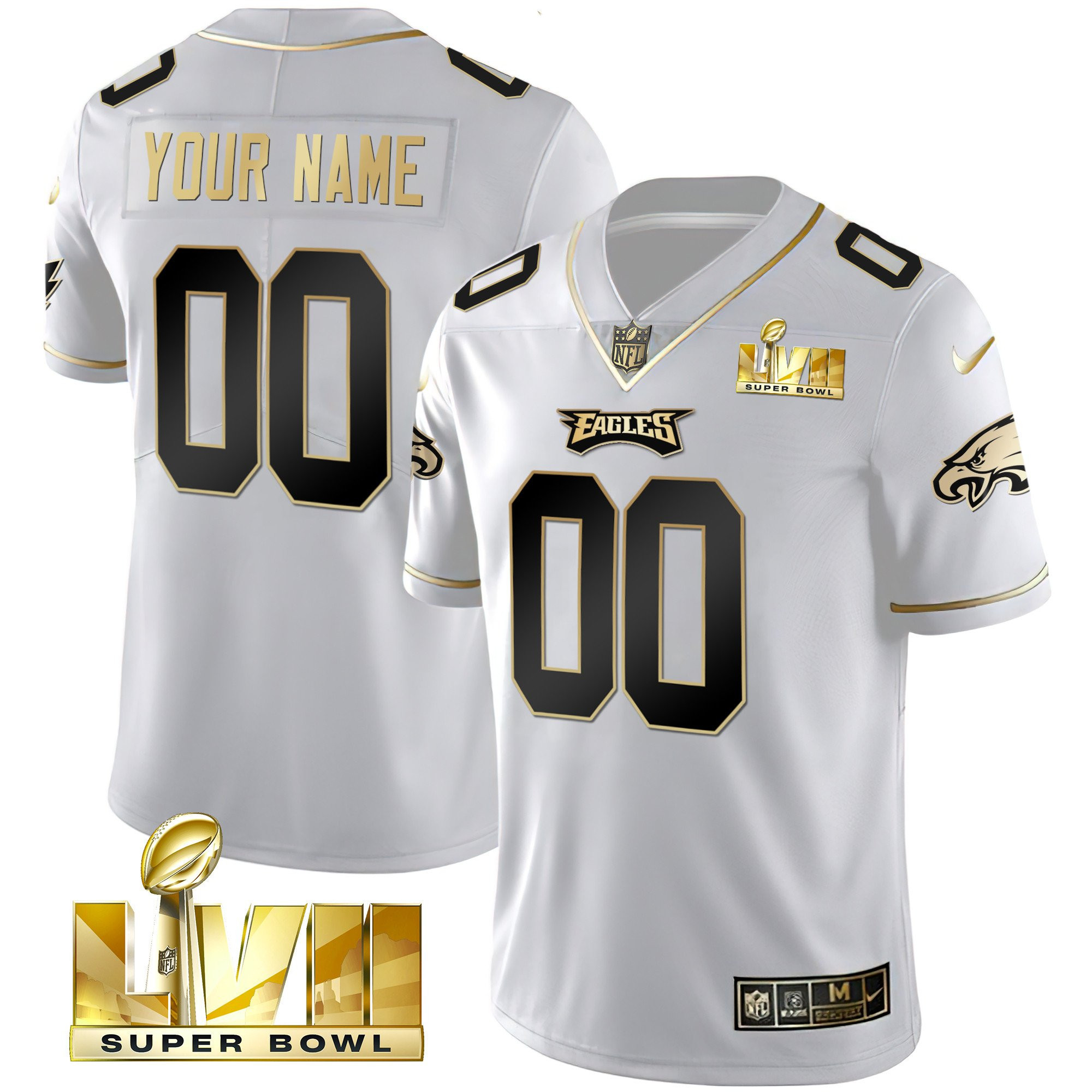Men's Philadelphia Eagles Super Bowl Gold Custom Vapor White Gold Jersey - All Stitched