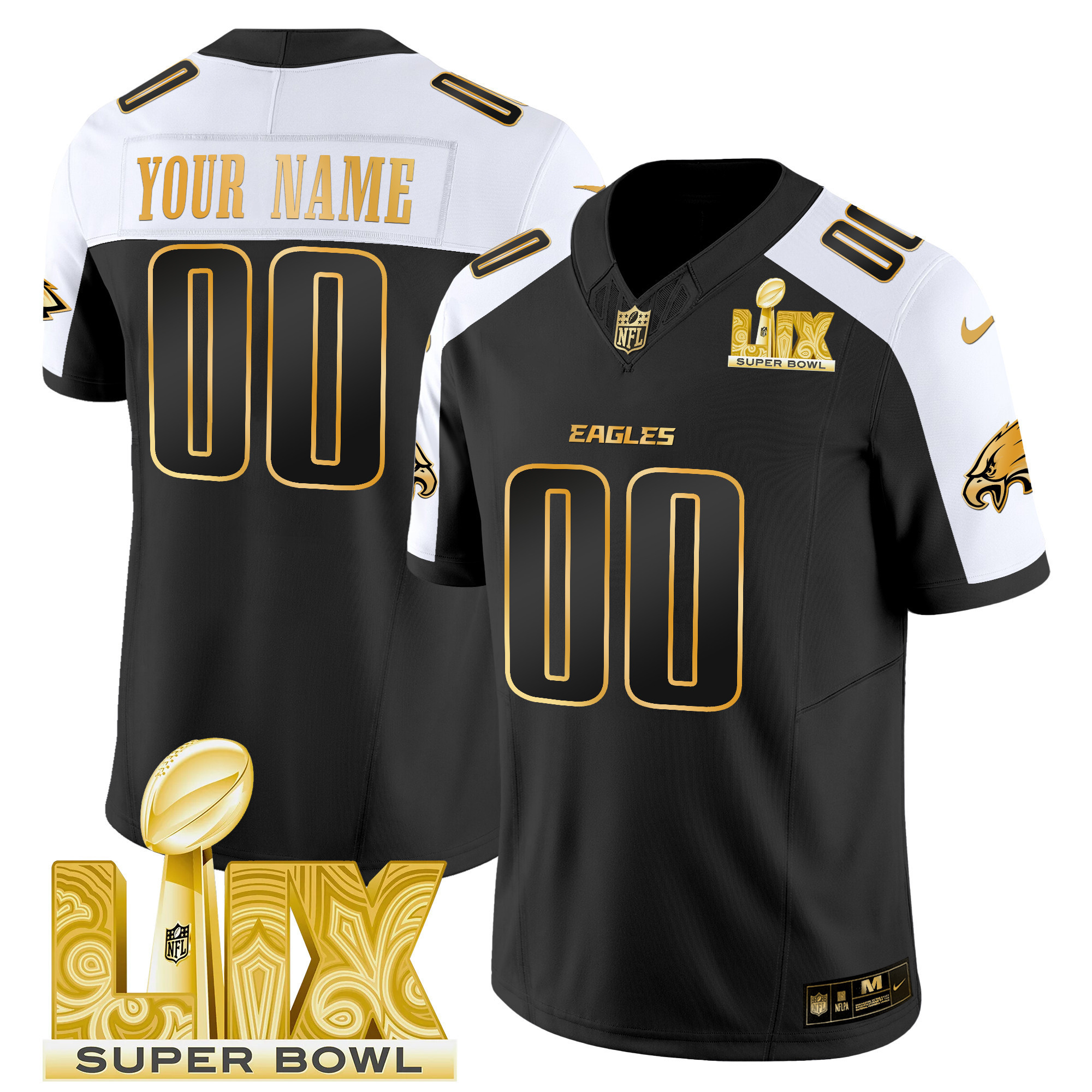 Men's Philadelphia Eagles Super Bowl LIX Patch Gold Vapor Limited Custom Alternate Jersey - All Stitched