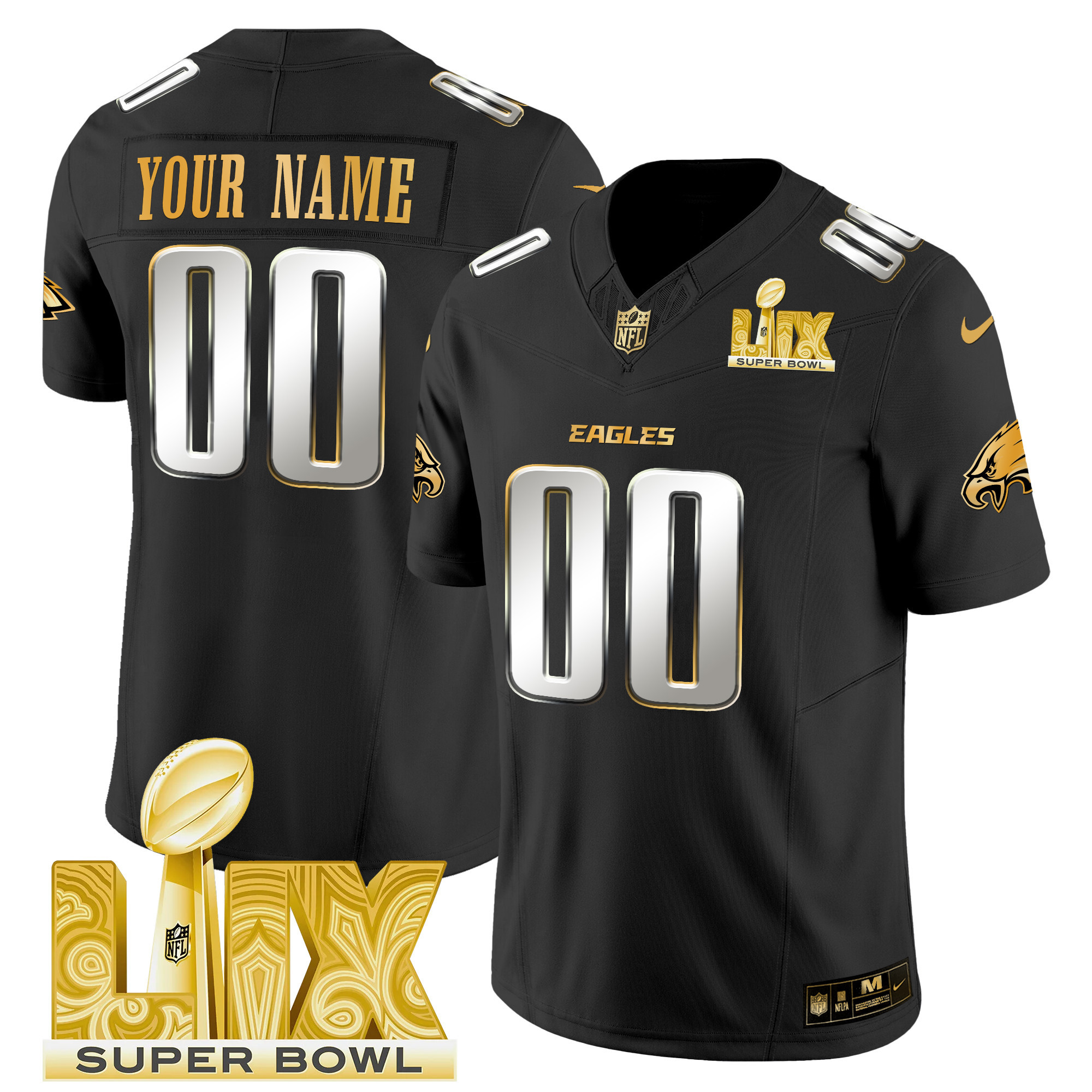 Men's Philadelphia Eagles Super Bowl LIX Patch Gold Vapor Limited Custom Black Limited Jersey - All Stitched