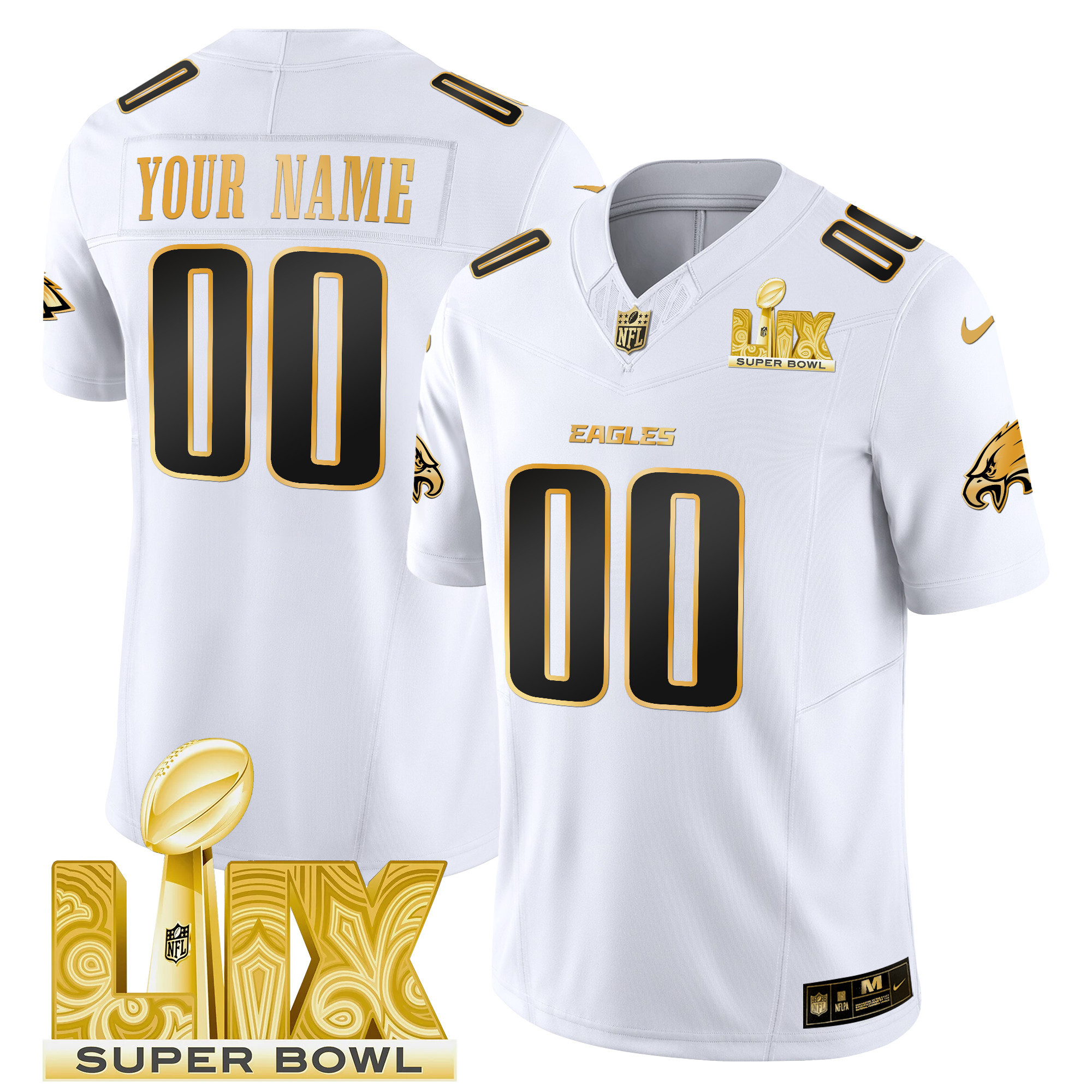 Men's Philadelphia Eagles Super Bowl LIX Patch Gold Vapor Limited Custom White Gold Jersey - All Stitched