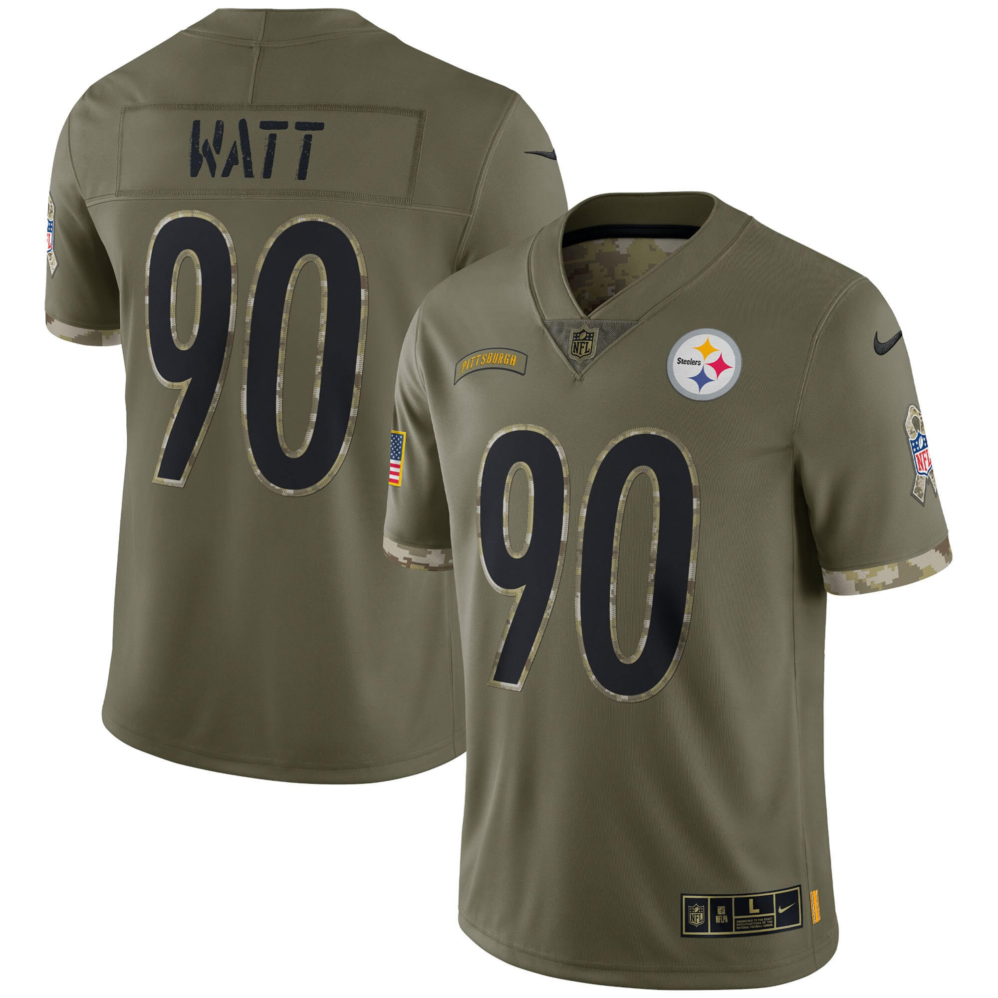 Men's Pittsburgh Steelers 2022 Salute To Service Limited - Olive - All Stitched T. J. Watt Jersey - All Stitched