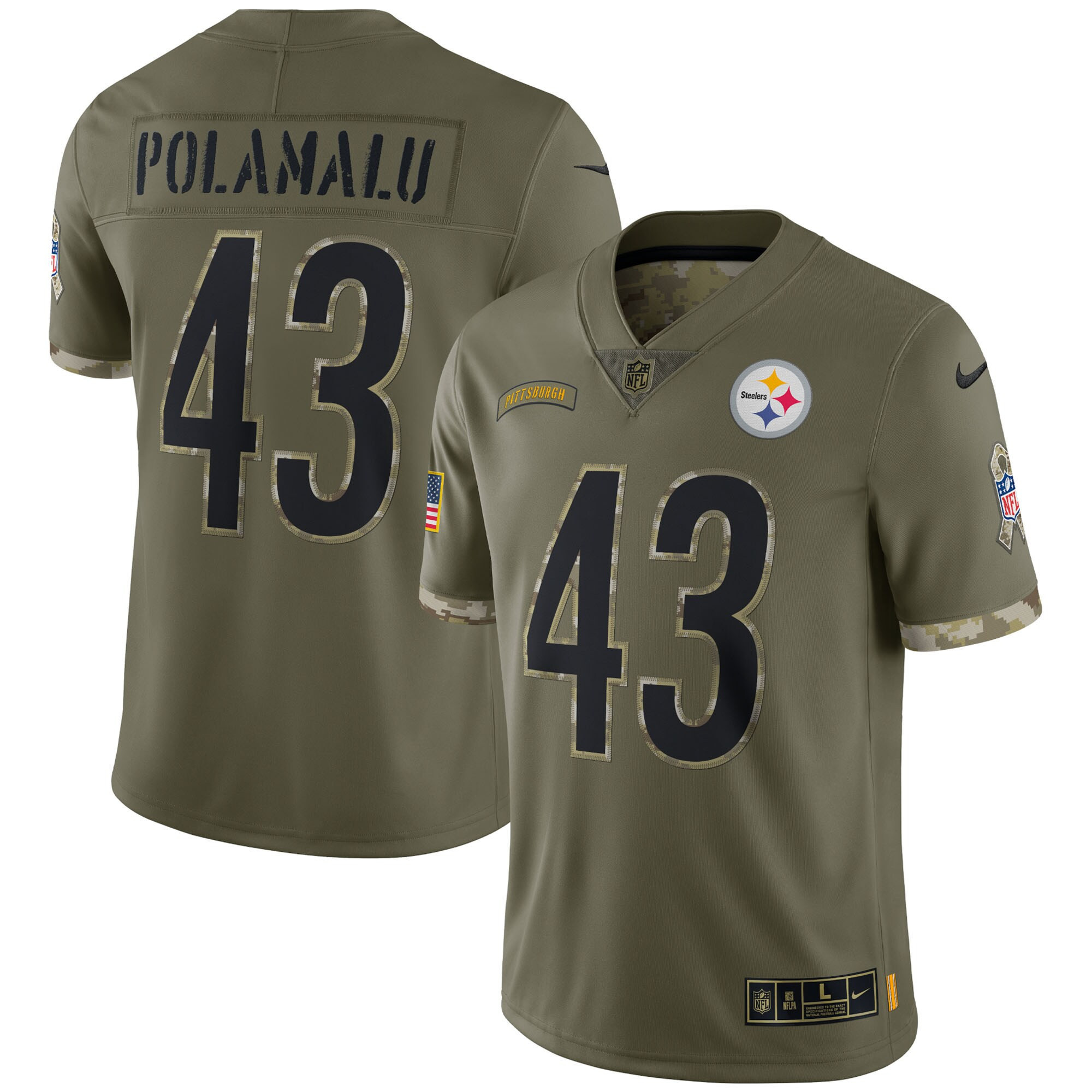 Men's Pittsburgh Steelers 2022 Salute To Service Limited - Olive - All Stitched Troy Polamalu Jersey - All Stitched