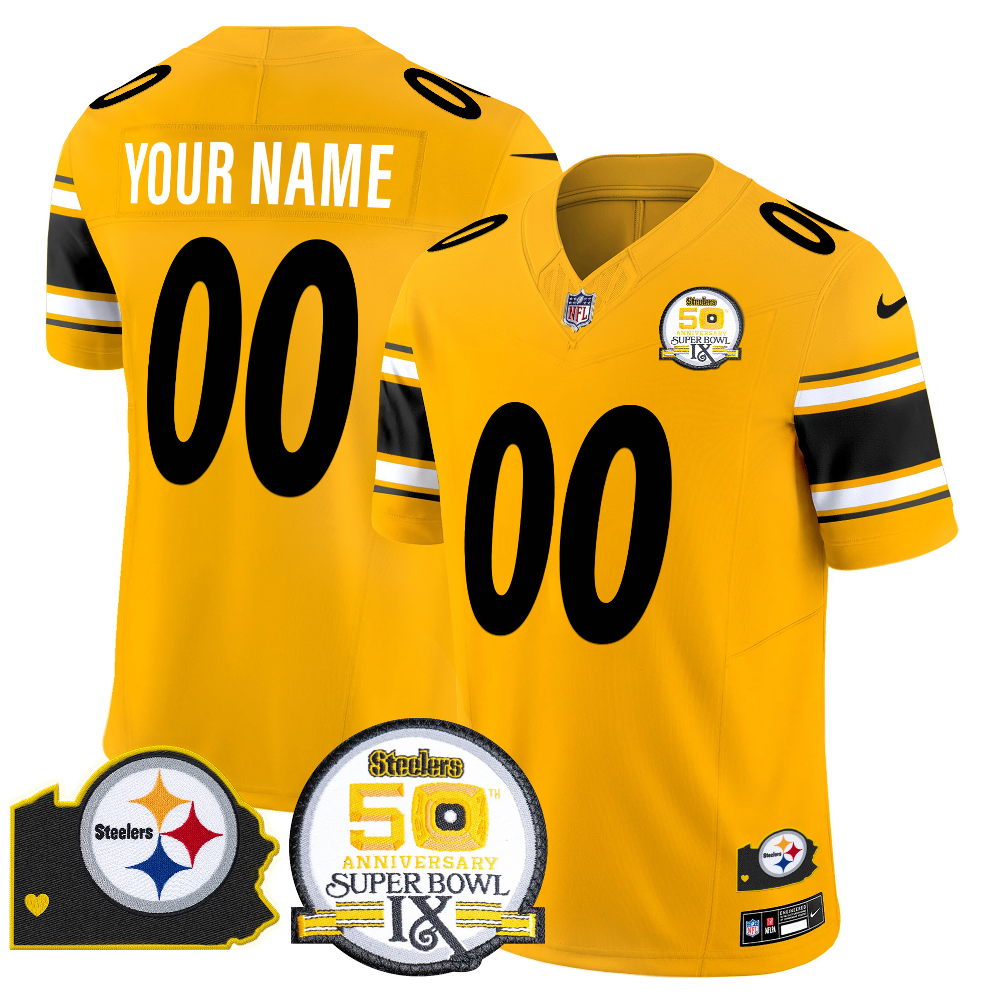 Men's Pittsburgh Steelers 50th Anniversary Of Super Bowl IX & Map Patch Vapor Limited Custom Gold Jersey - All Stitched