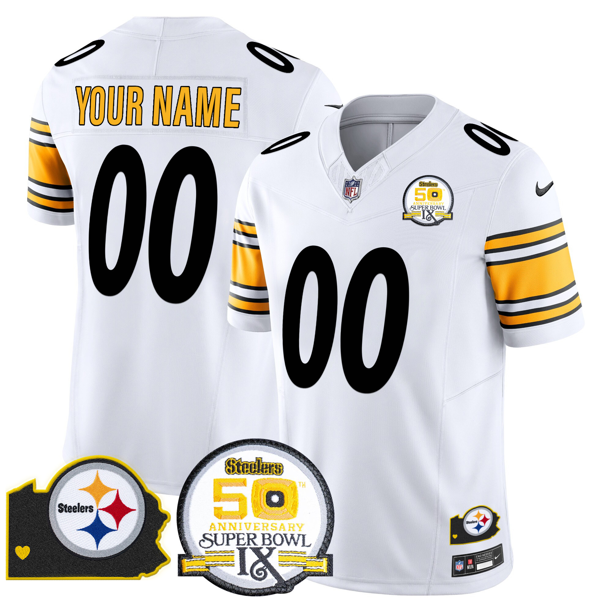 Men's Pittsburgh Steelers 50th Anniversary Of Super Bowl IX & Map Patch Vapor Limited Custom White Jersey - All Stitched