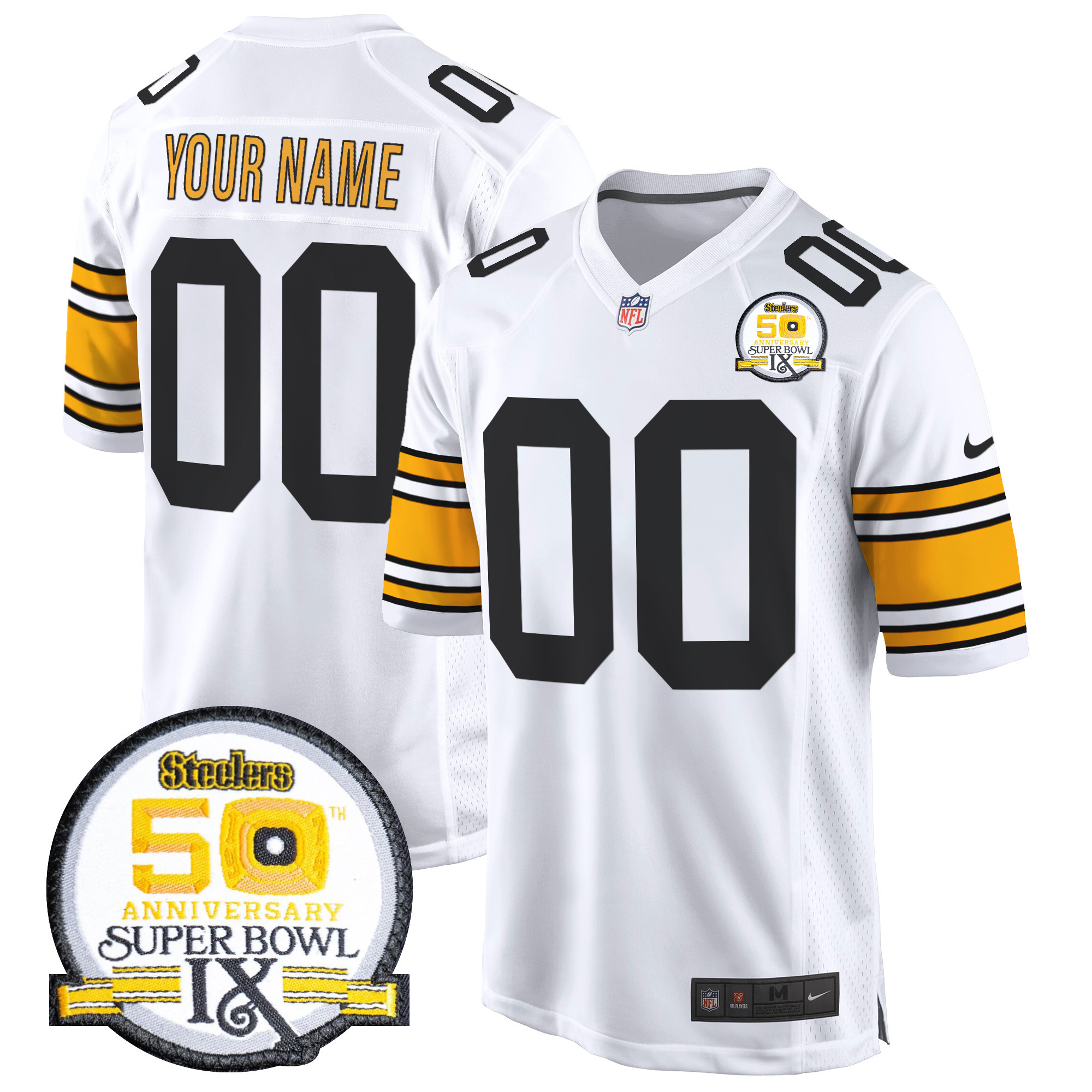 Men's Pittsburgh Steelers 50th Anniversary Of Super Bowl IX Patch Game Custom 1975 White Jersey - All Stitched