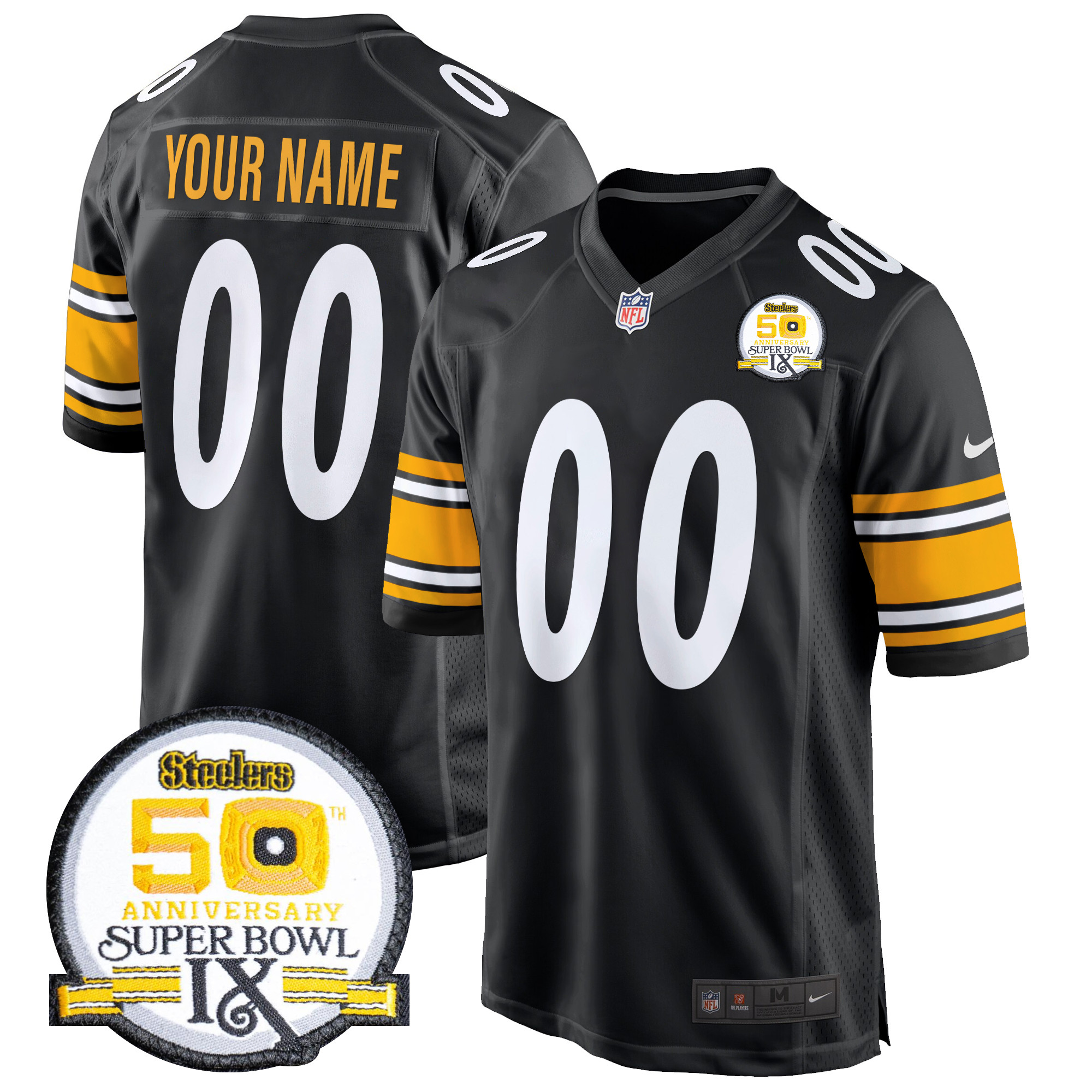 Men's Pittsburgh Steelers 50th Anniversary Of Super Bowl IX Patch Game Custom Black Jersey - All Stitched