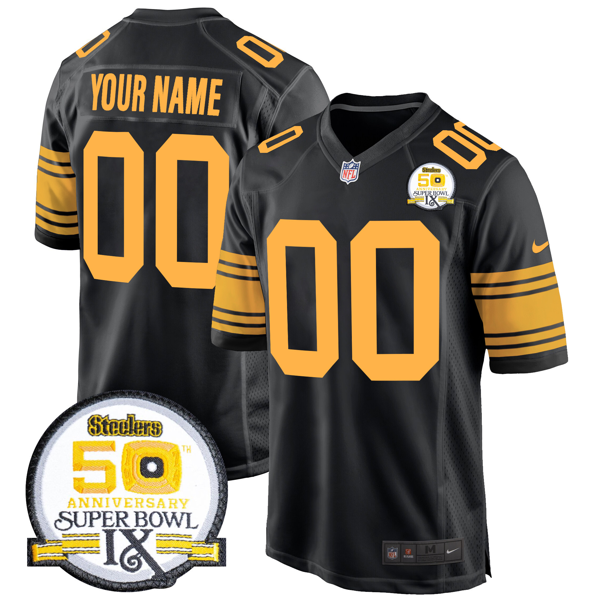 Men's Pittsburgh Steelers 50th Anniversary Of Super Bowl IX Patch Game Custom Color Rush Jersey - All Stitched